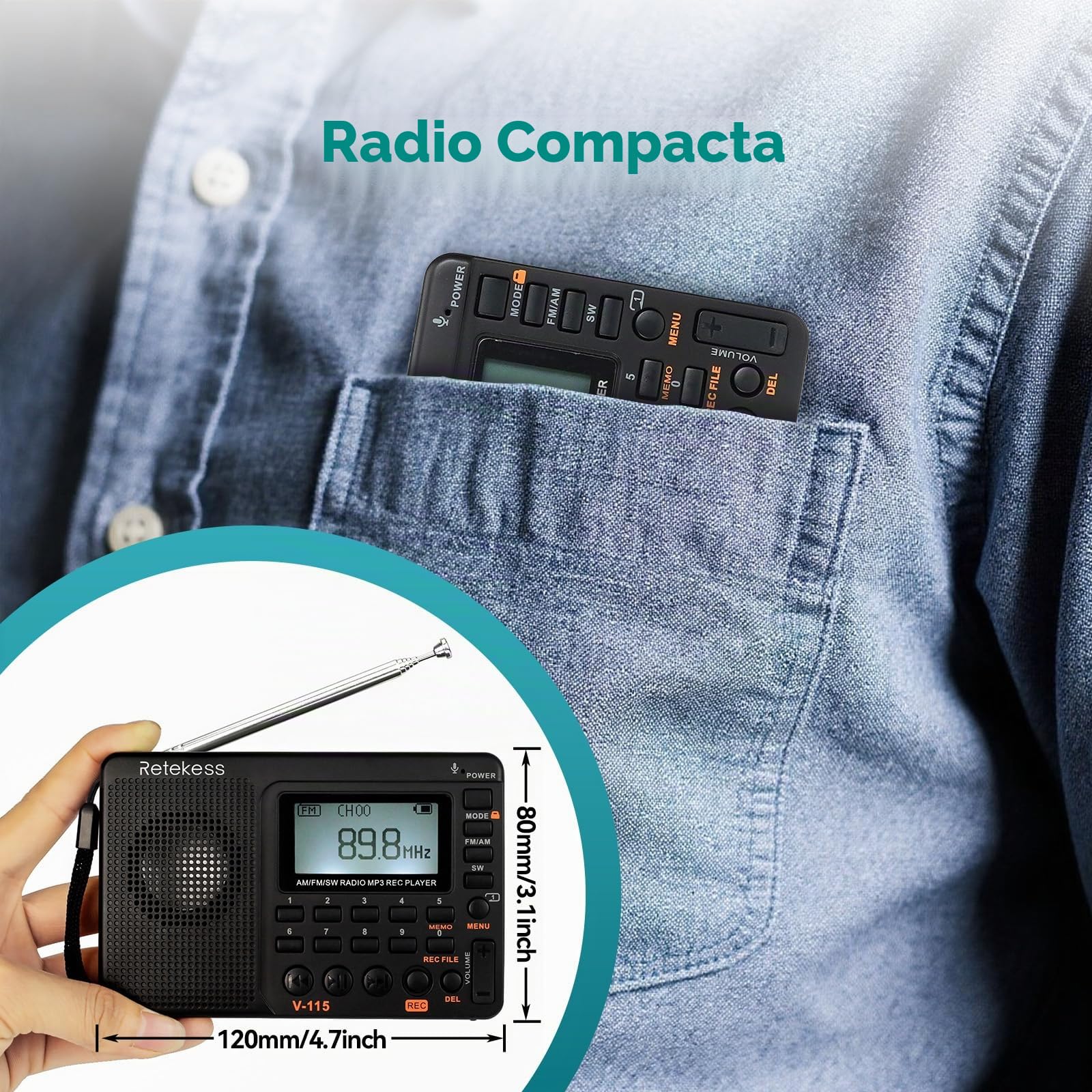 Retekess V115 Radio Portátil Pequeña, Radio a Pilas, Am FM SW, TF/USB, 3 Modos de Grabación, Tiempo de Sueño, Pantalla LCD, Radios Pequeñas Digitales con MP3 Familia, Exterior, Emergencia, Regalo
