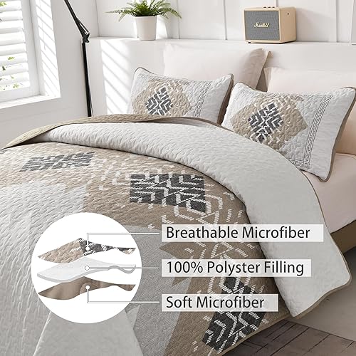 Miniatura 3 de Dintszyayue Juego de edredón bohemio marrón King, edredón de 3 piezas con textura azteca con 2 fundas de almohada, juego de ropa de cama geométrico