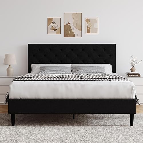 Miniatura 10 de HOMBCK Marco de cama tamaño completo con cabecero, marco de cama plataforma tapizado en tela de lino, marco de cama con botones capitoné tamaño