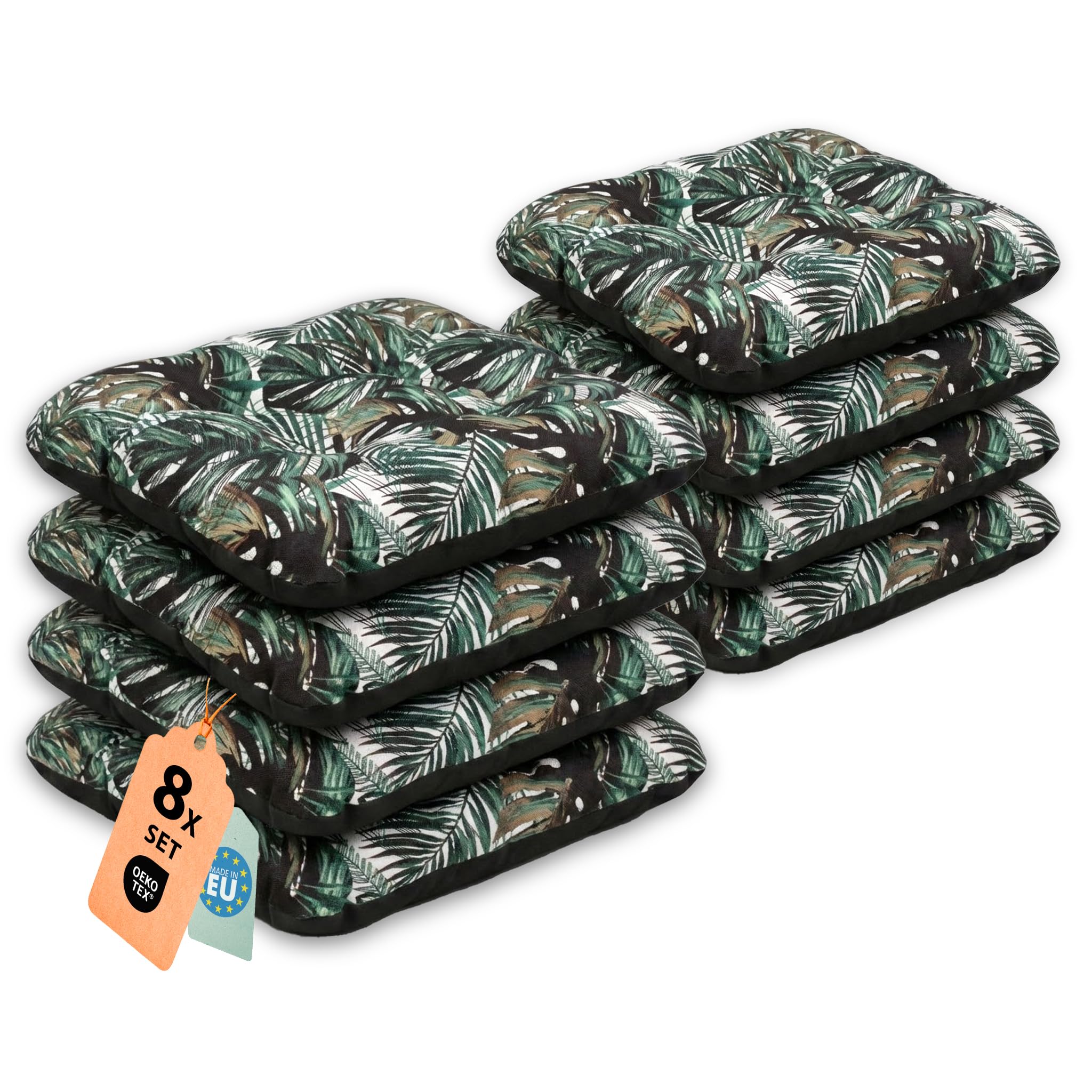 SuperKissen24. Coussin pour Chaise, Siège, Banc de Jardin, Canapé - Lot de 8 Coussins 45x45 cm - Bain de Soleil - Intérieur/Extérieur – imperméable - Exotic