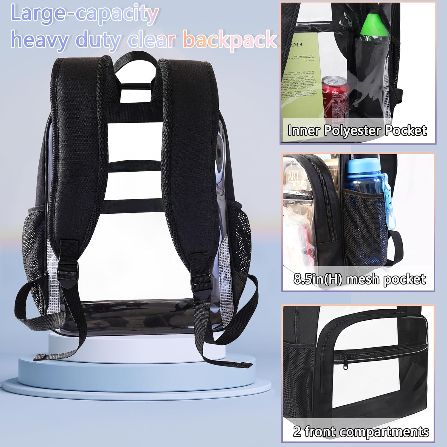 Clear Backpack for School, Heavy Duty Transparent Backpack with 0.6 mm PVC Bookbag 18 inch Clear Bag, Black - Image 4