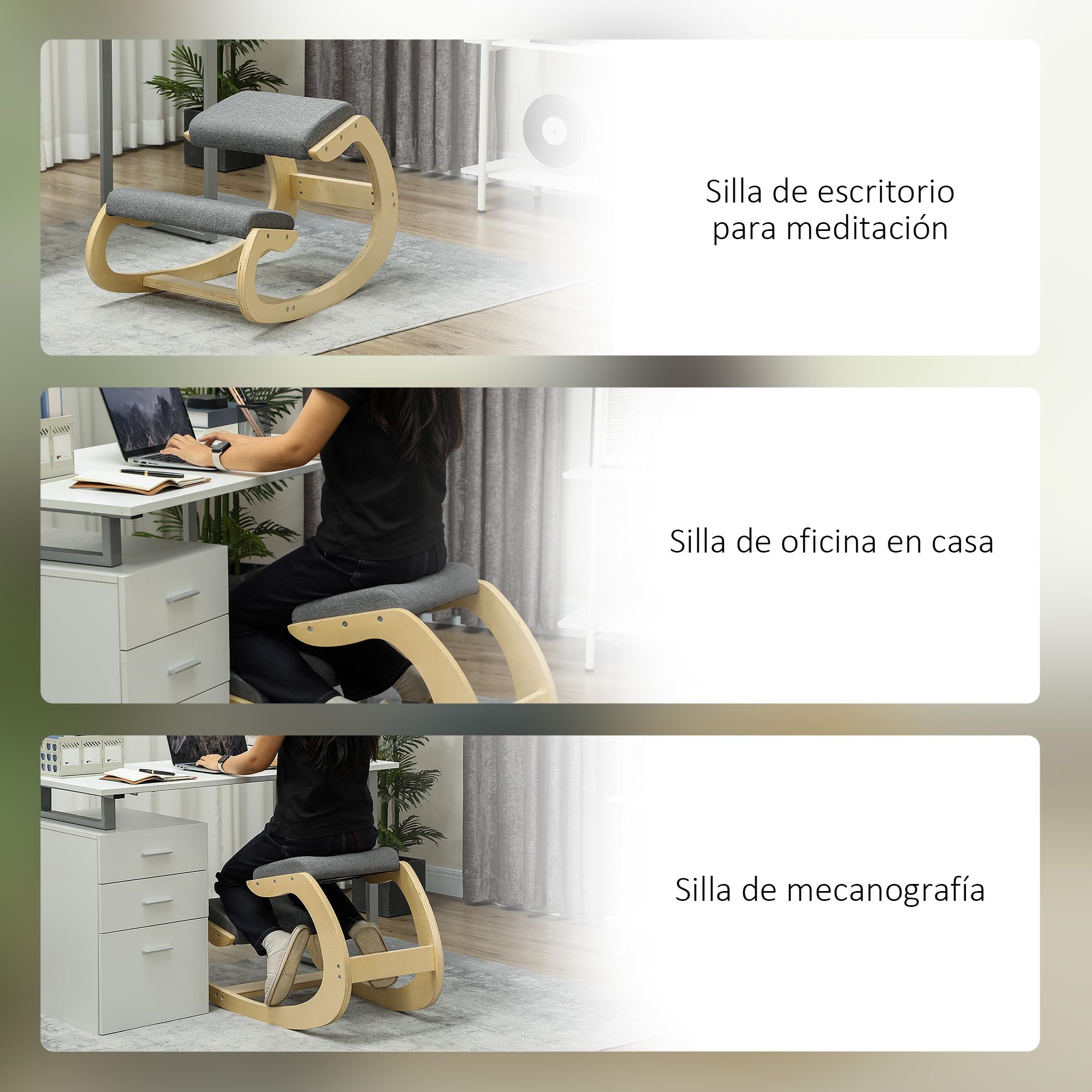 HOMCOM Silla Ergonómica de Rodillas, Silla de Rodillas de Madera, Taburete Ergonómico, Cojín Acolchado, para Mejorar la Postura, para Casa y Oficina, Gris