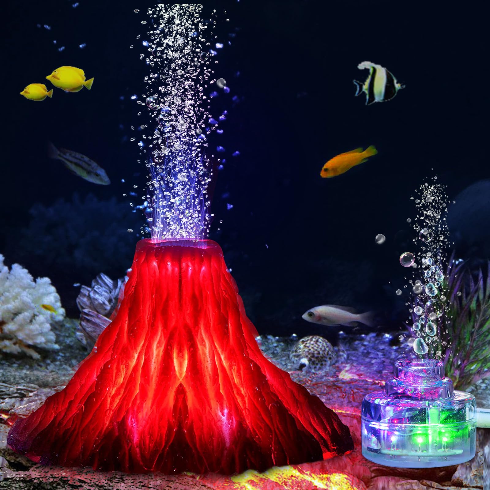 BORDEAG Kit di Ornamento Vulcano per Acquario con Illuminazione LED, Pietra Vulcanica