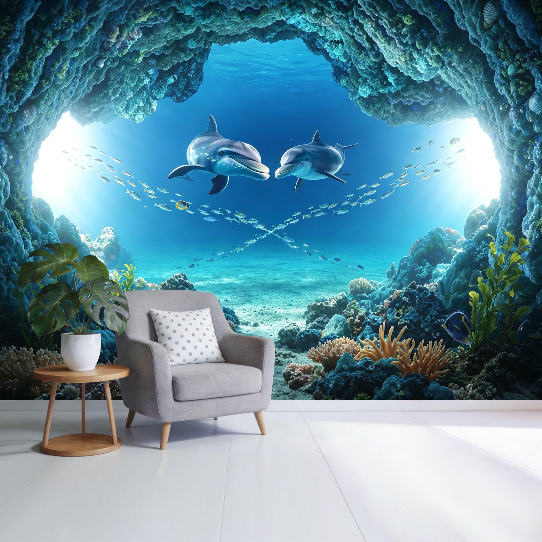 Custom Size Wall Mural Underwater Dolphin Duo Coral Reef Marine 3D Trompe L'Oeil Removable Self Adhesive Fabric， Home Wall Decor for Living Room Bedroom Bathroom