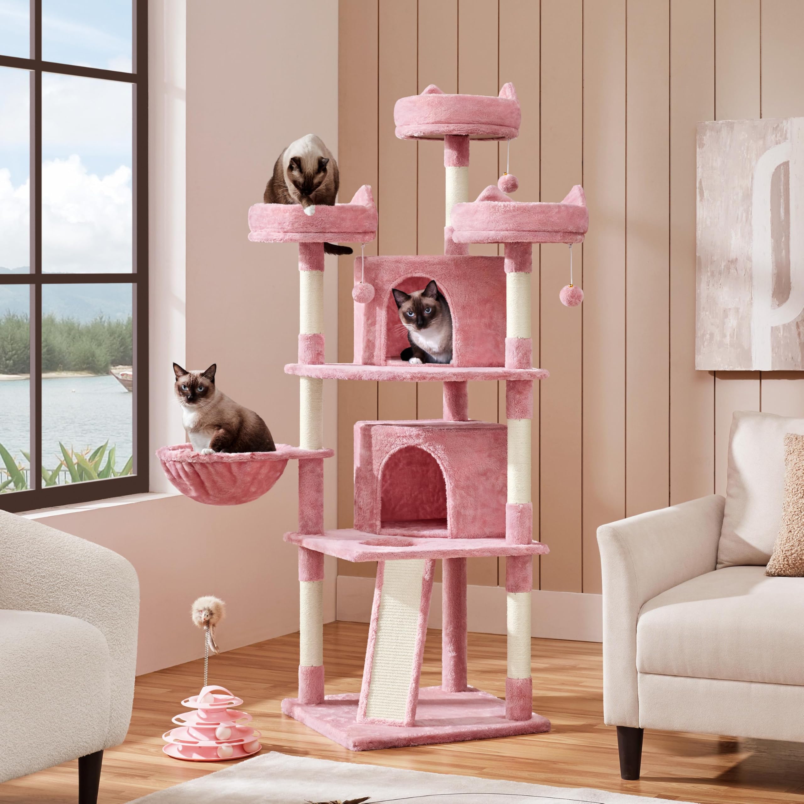Topeakmart Cat Tree Big Cat House Plush Cat Tower with Caves Condos, 69in Multilevel Cat Tree for Kittens Cats and Pets