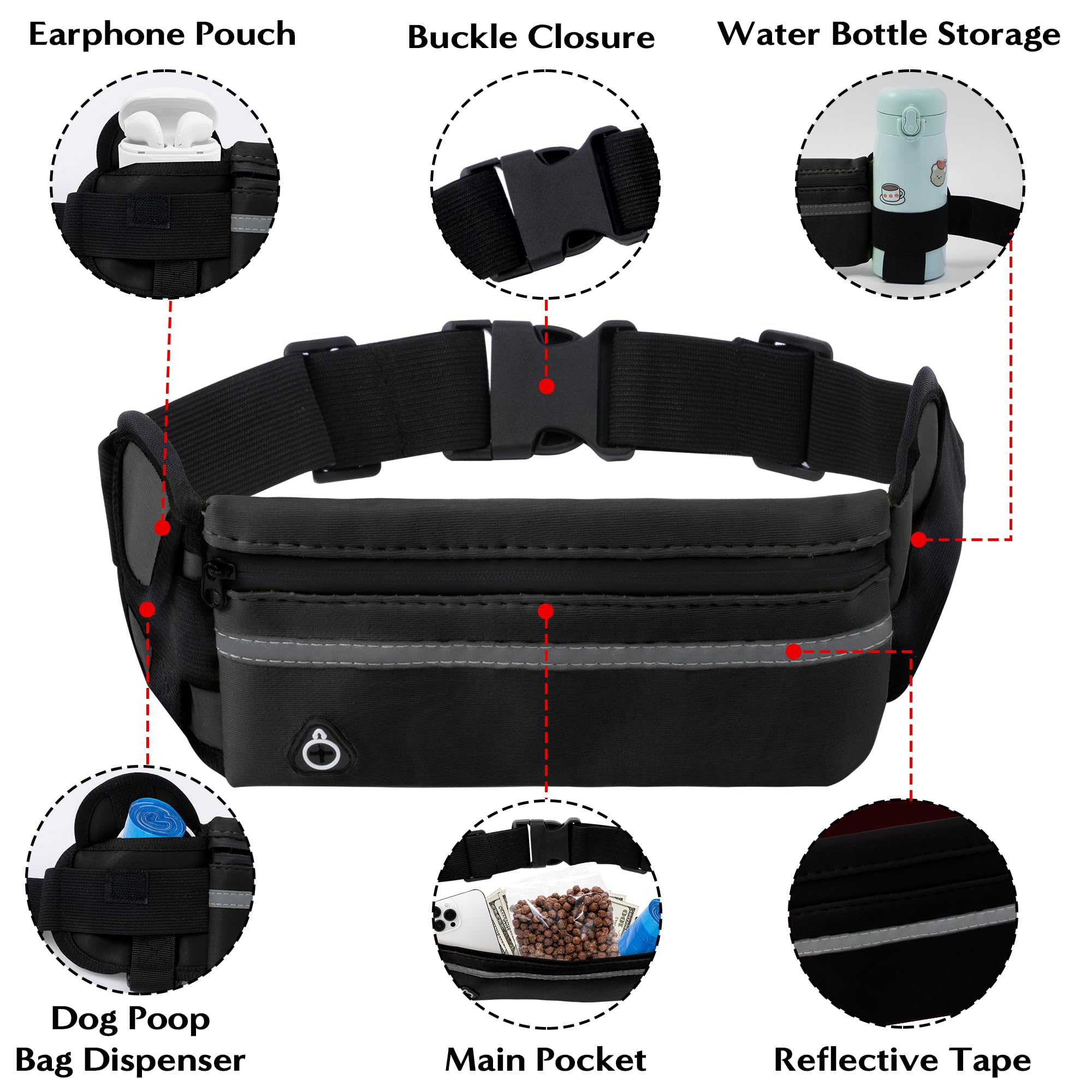 Correa para perro manos libres, correas para correr con bolsa con cremallera, cinturón reflectante ajustable, elástico retráctil de doble asa para perros pequeños, medianos y grandes, para