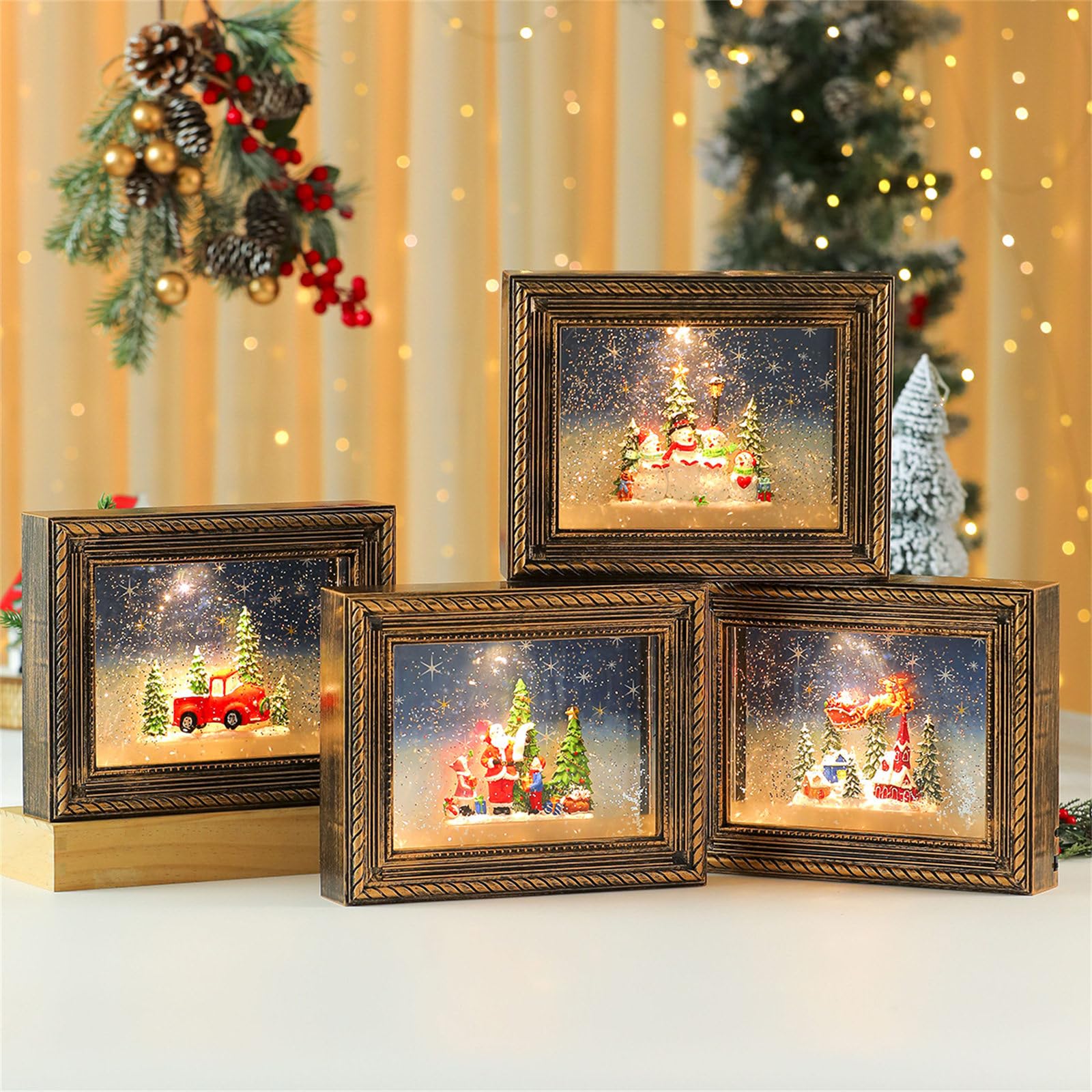Caja giratoria iluminada para adornos navideños con visualización de imágenes personalizable y marco de fotos musical de Navidad con efecto suave de nevadas