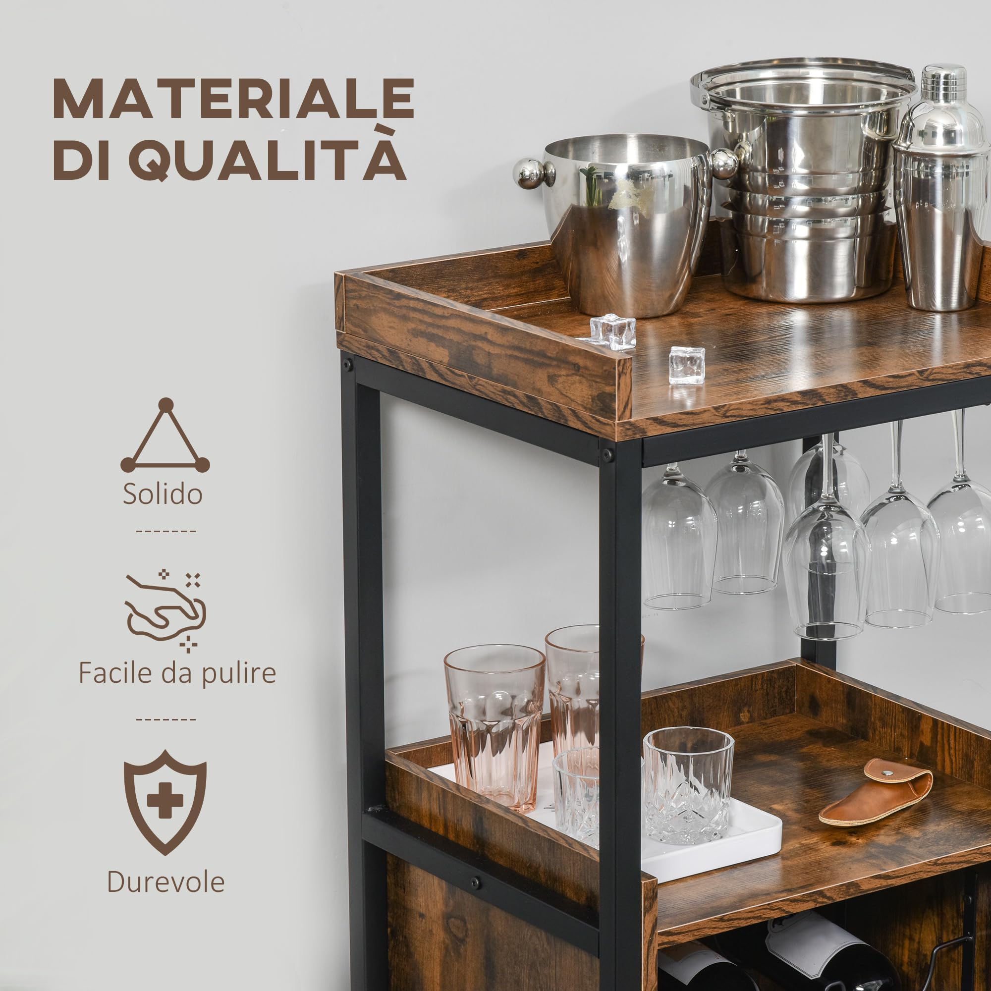 HOMCOM Mobile Portabottiglie Stile Industriale 52x40x113cm Marrone | Cantinetta Vini per 9 Bottiglie, con Portacalici e Ripiani