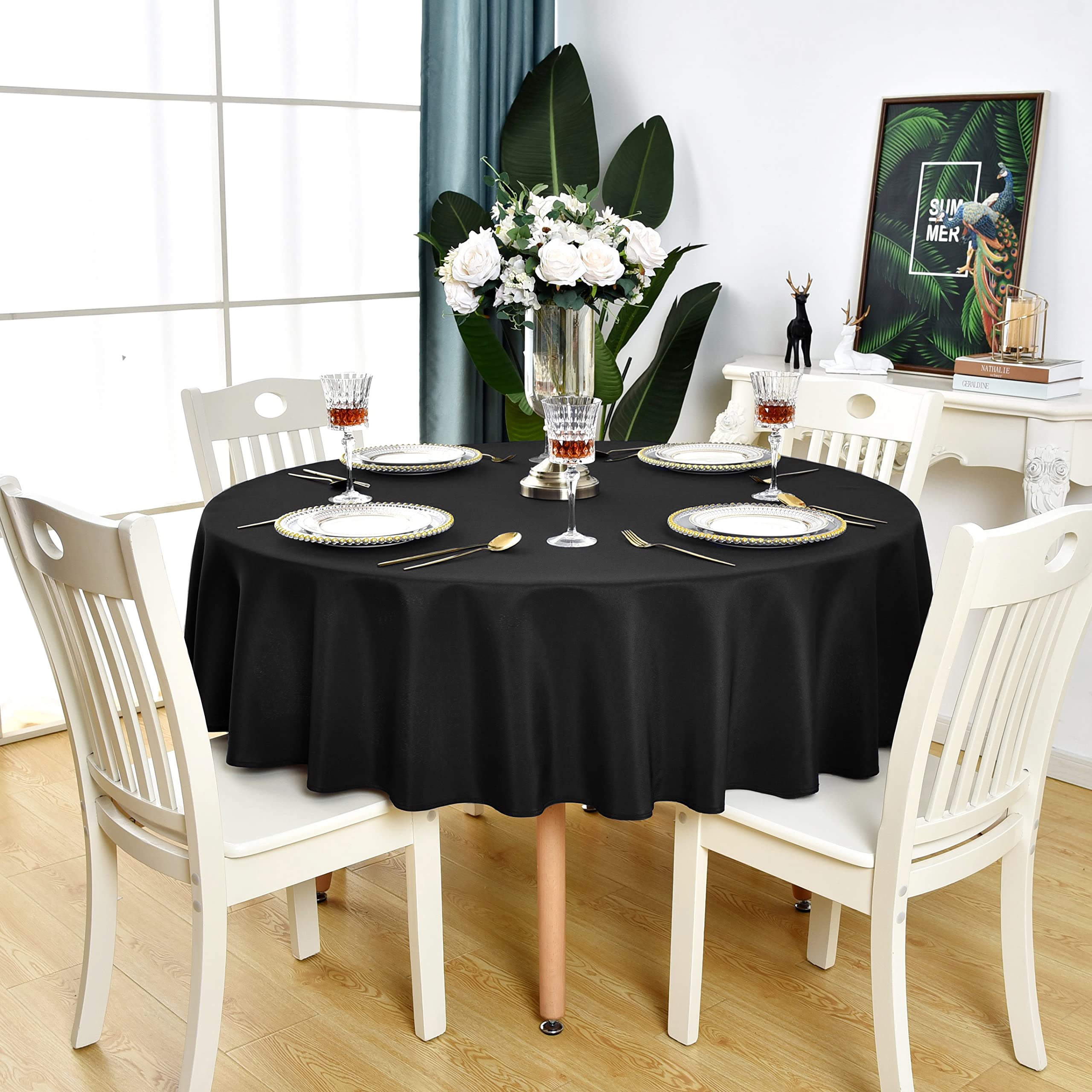 KAIPHO Black Round Tablecloth Waterproof Stain Resistant Wrinkle Free Table Cloth 210GSM Polyester Washable Wipeable Table Cover for Party, Banquet,