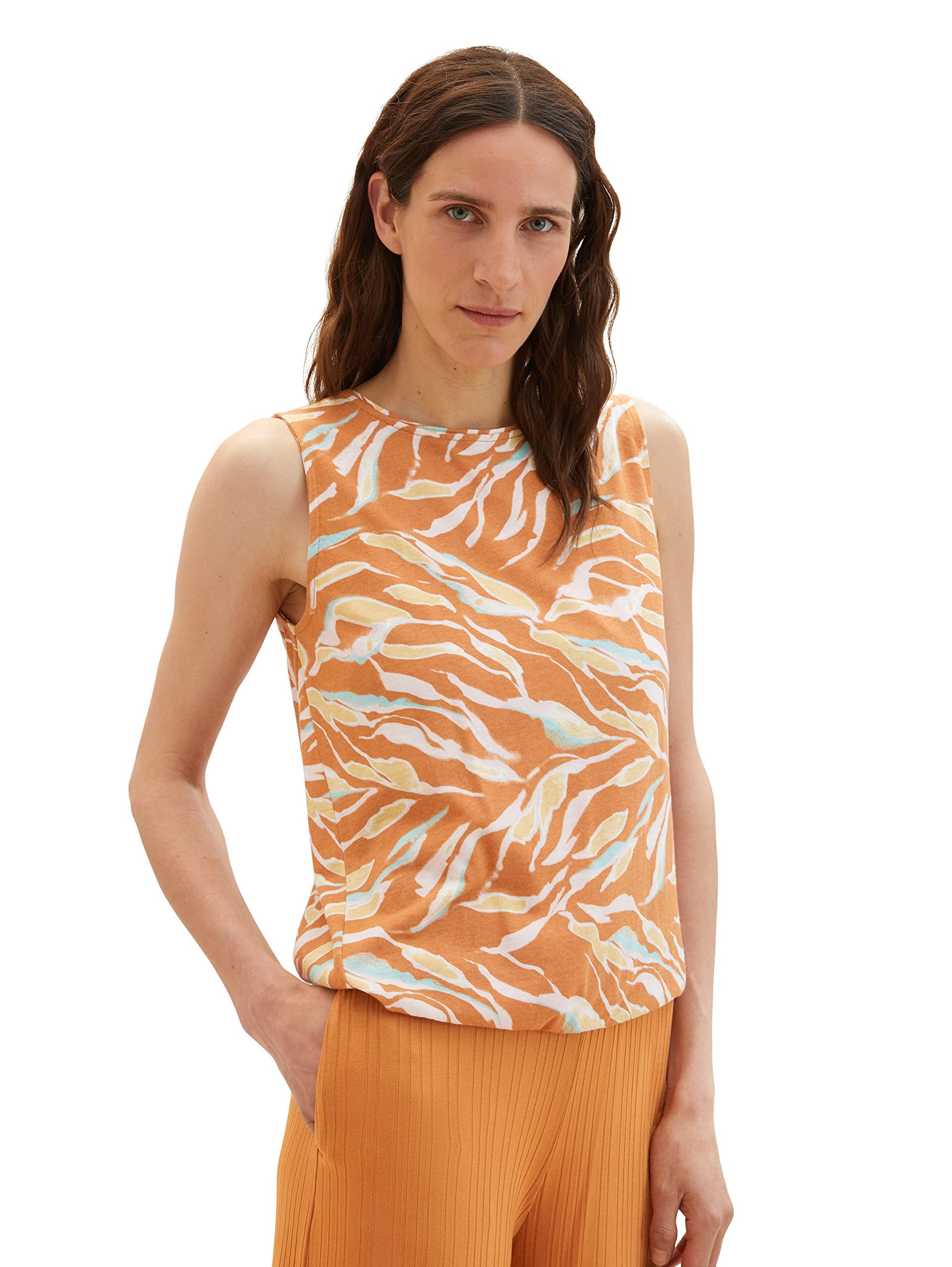 TOM TAILOR Women's Top with Pattern, 31758 - Brown Abstract Leaf Design, M