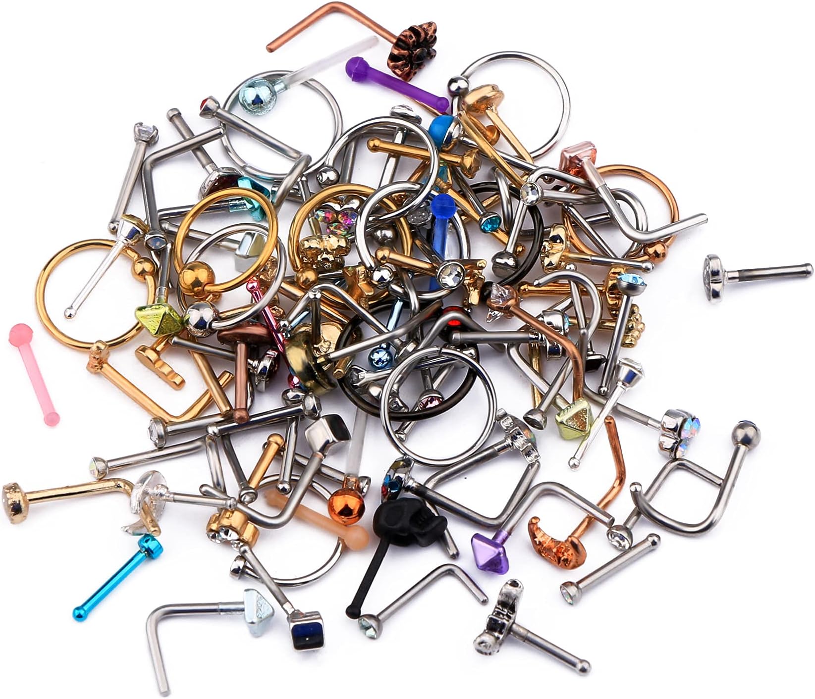 OUFER Body Piercing100pcs Nose Rings Hoop 20G 316L Stainless Steel Nose Piercings Stud Nose Studs Nose Screw Piercing Jewelry for Women Men