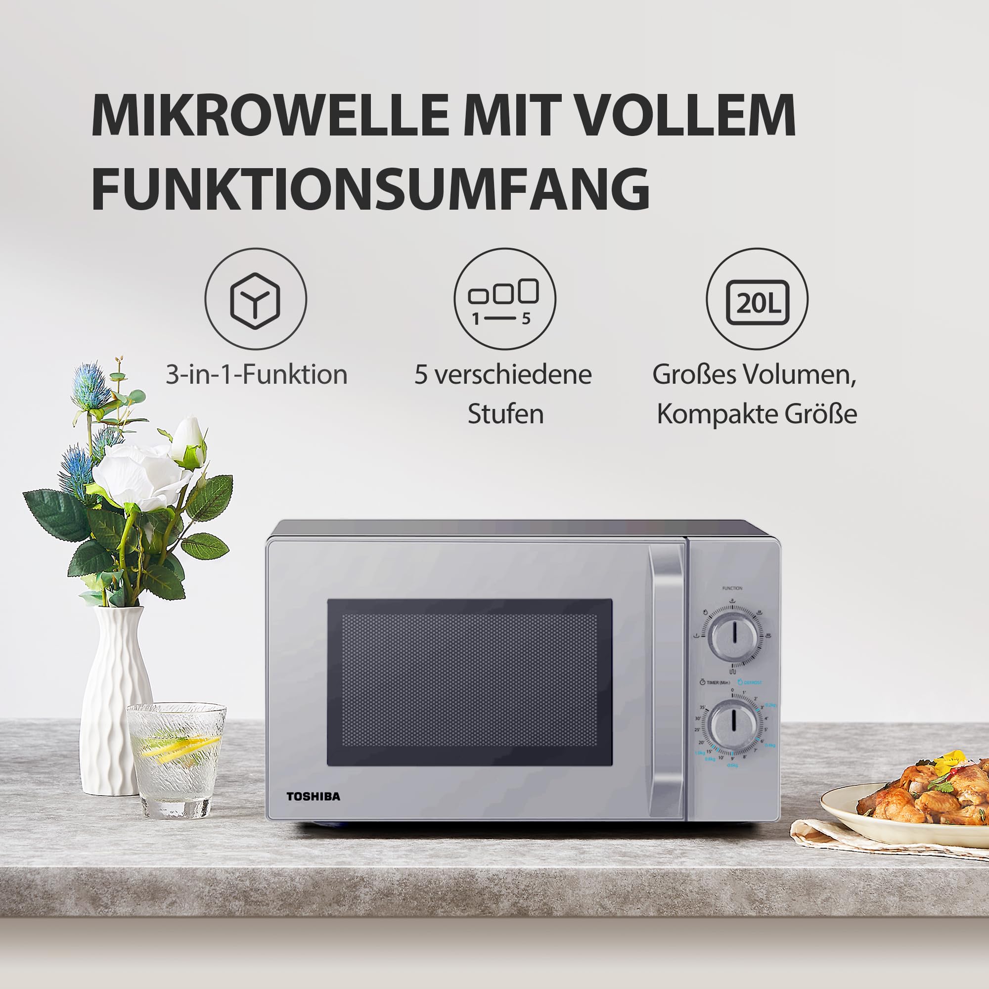Four à micro-ondes Toshiba MW2-MG20PF(SL) avec grill croustillant et fonction de cuisson combinée, 5 niveaux de puissance, puissance de gril 1000 W, argent