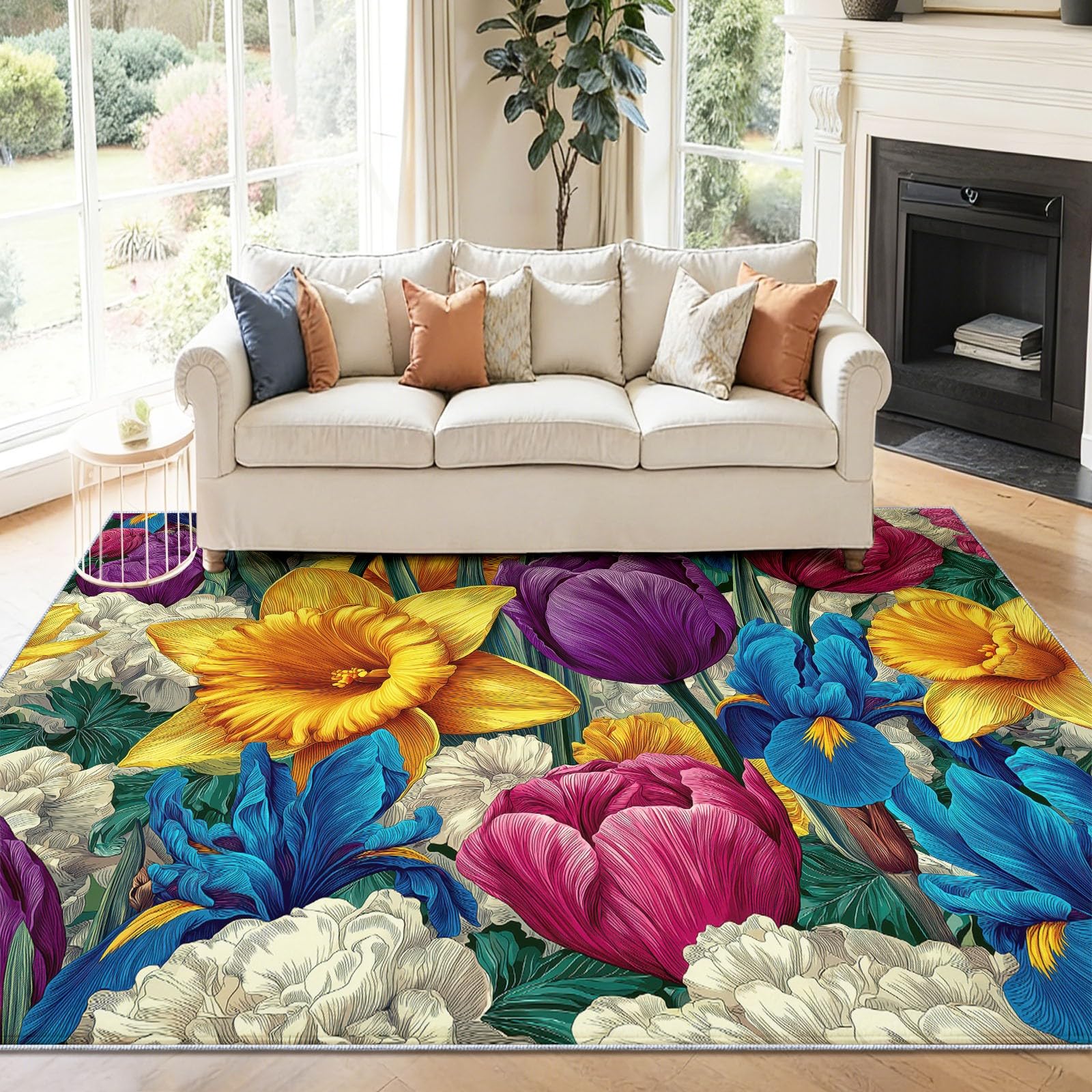 Dywan do salonu 80 x 150 cm, fabryczny dywan z krótkim włosiem, zmywalny i antypoślizgowy, odporny na plamy do salonu, sypialni, biura, żółte tulipany Irys