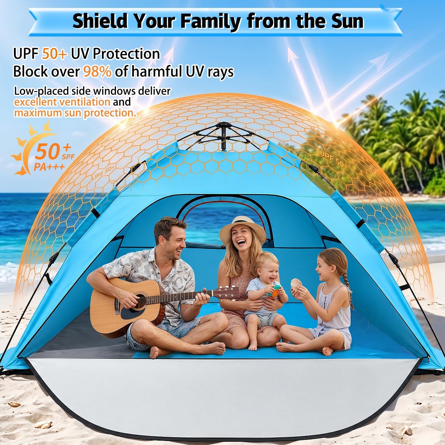 Pop Up Beach Tent Sun Shade Shelter with Extended Sand Mat for 3-4 Person - UPF 50+ UV Protection, 3 Zippered Doors & Vent Windows Easy Set up Beach Shade Tent