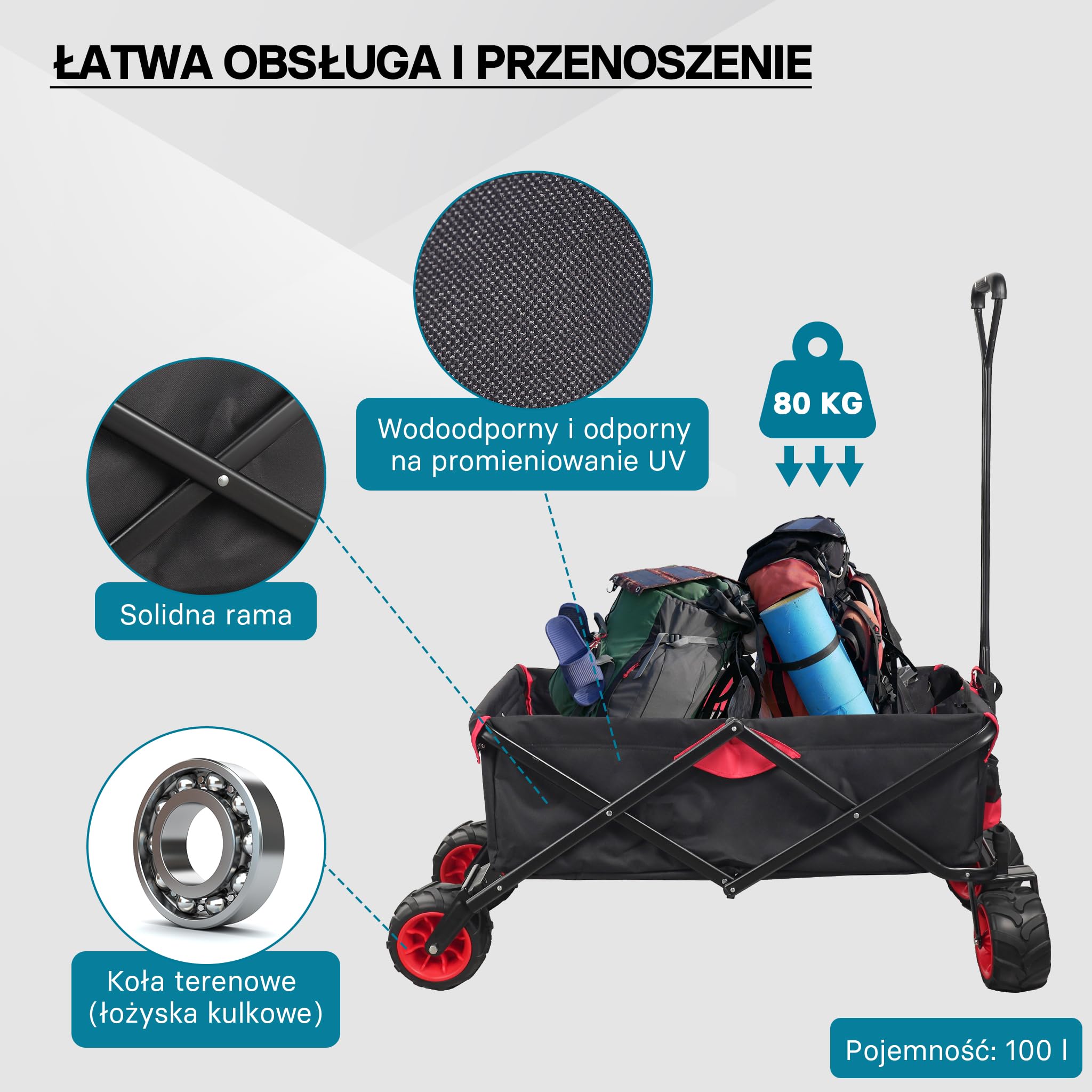 Wiltec Składany wózek transportowy czarny do 80 kg obciążenia, kompaktowa przyczepka kempingowa, solidny wózek terenowy, turystyczny, ogrodowy