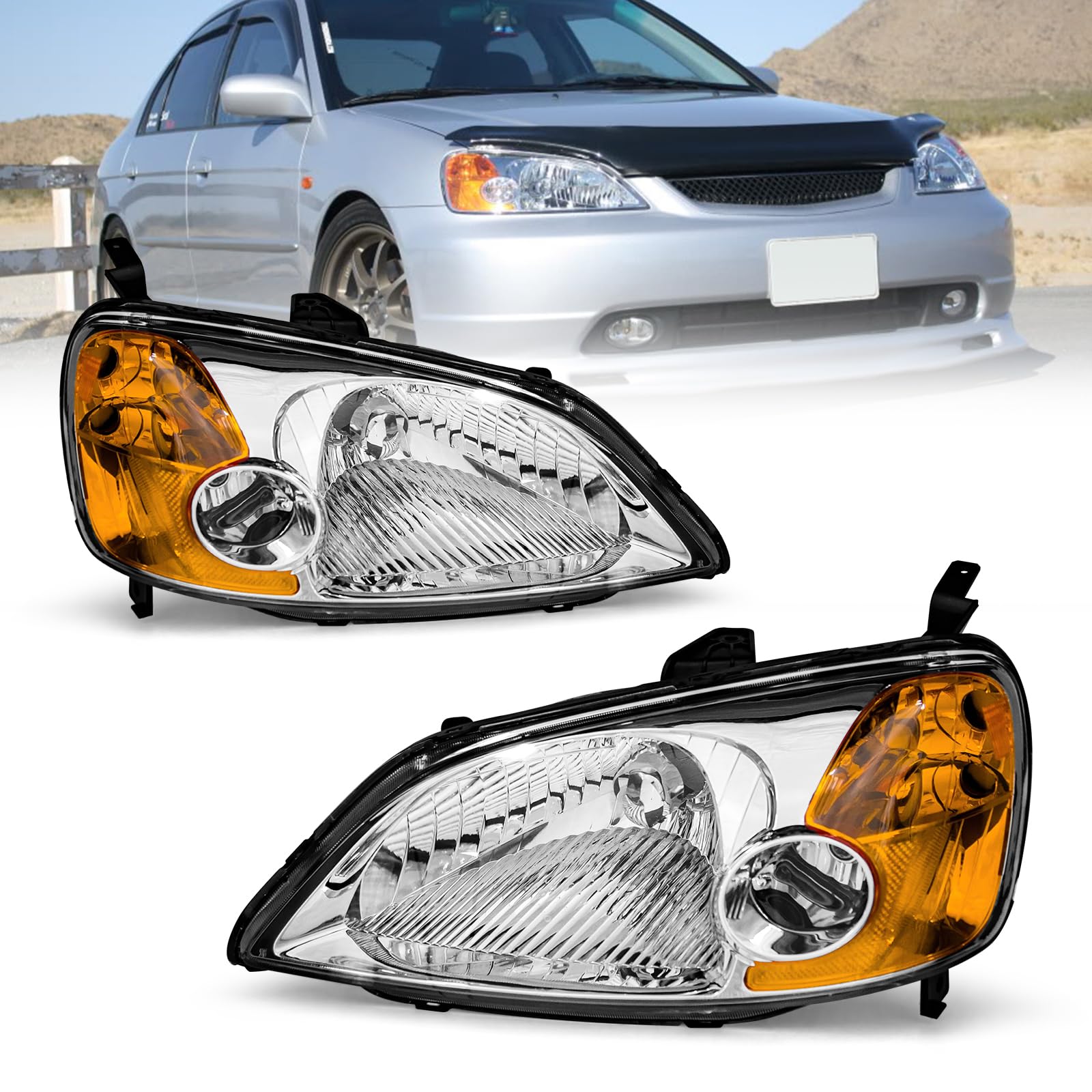 Photo 1 of AS Headliaght Assembly Compatible with 01 01 03 2001 2002 2003 Honda Civic Headlamp with Chrome Housing Amber Reflector Driver and Passenger Side