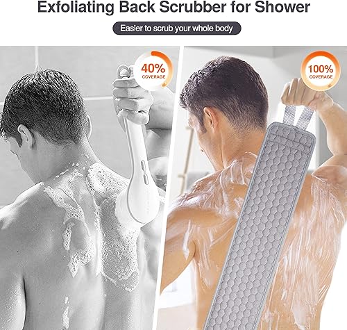 Miniatura 6 de Juego de 2 esponjas para la espalda de lufa de 40.5 pulgadas con almohadilla de esponja para mujeres y hombres, gris y beige