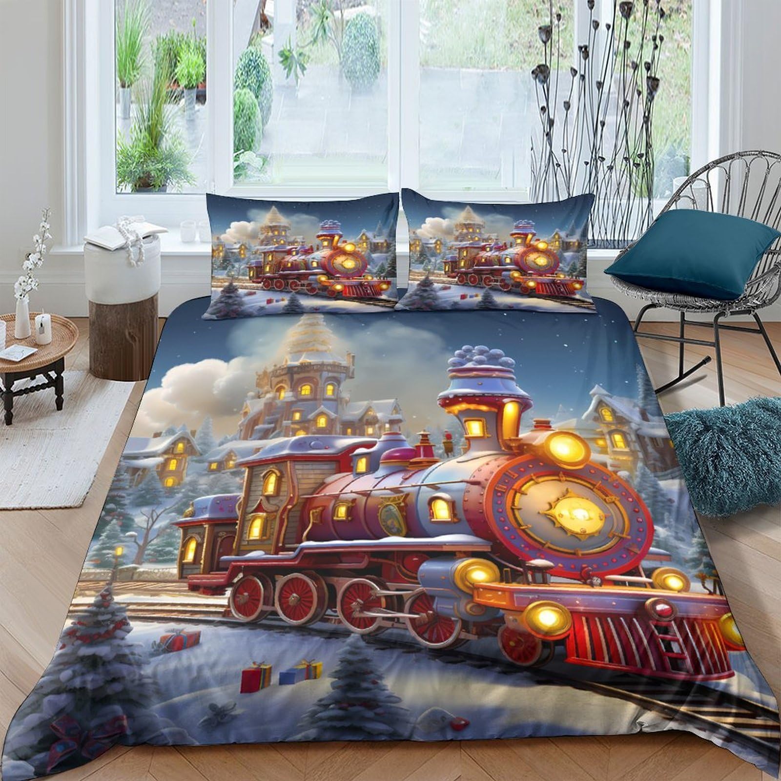 Ctjqhvkz Style-9 3D Printed Christmas Train Fitted Sheet Microfiber Soft Festive Night Bed Cover For Bedroom Dorm Home Decor Single（135X200cm）
