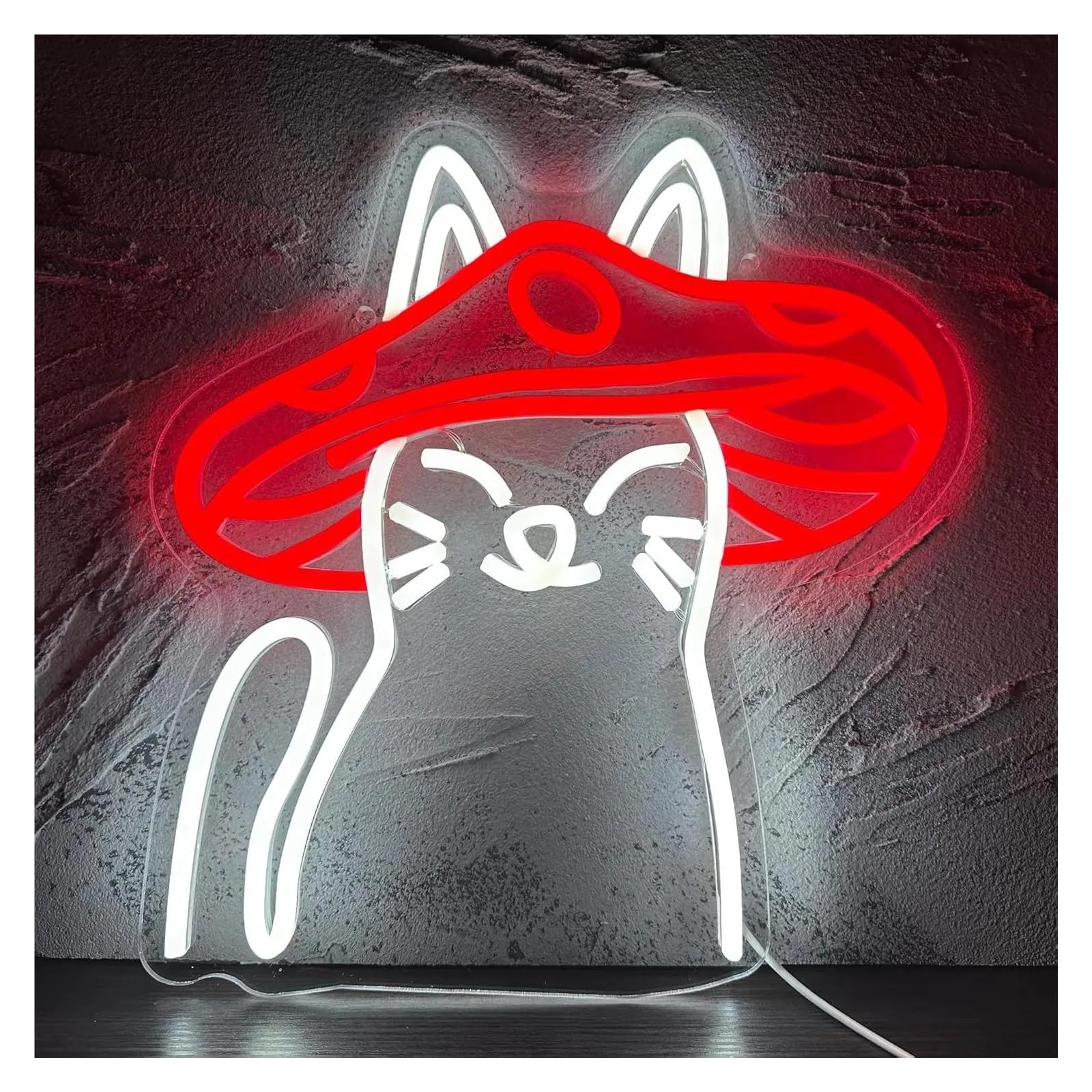 LED néon signe Panneau Néon Led En Forme De Champignon Et De Chat, Alimenté Par USB, Lumière À Intensité Variable, Pour Salle De Jeux, Bar, Décor Mural De Fête 31cm×34cm