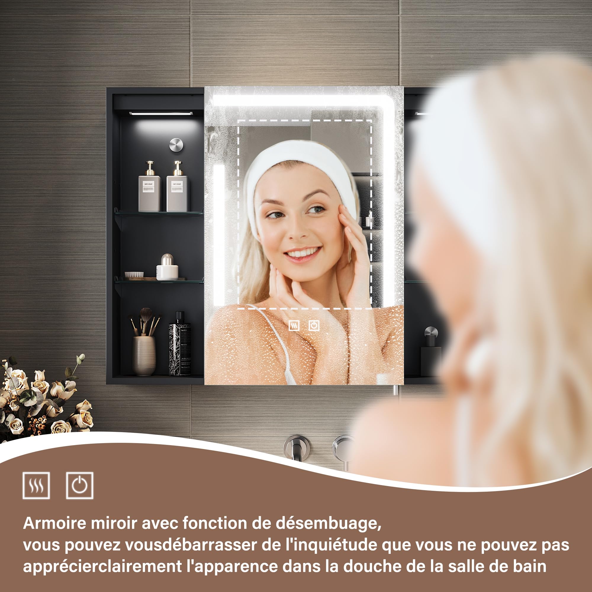 Sirhona - Armario de baño con iluminación LED y tomas de corriente, interruptores de control táctil, regulable, con almacenamiento y estantes de cristal ajustables, 80 x 60 x 13 cm