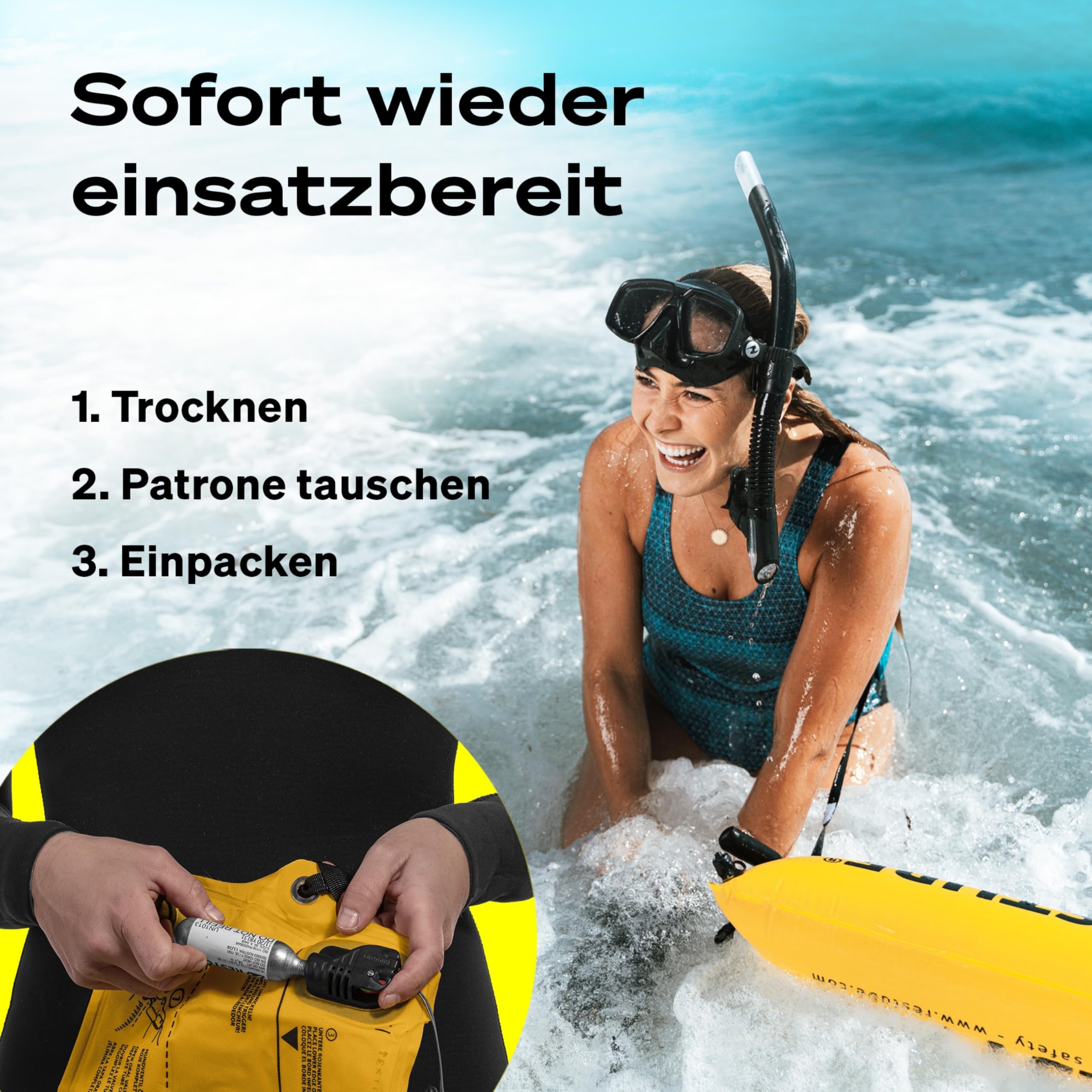 RESTUBE Beach CO2 Schwimmboje - Für EIN sicheres Gefühl im Wasser - auslösbare Rettungsboje - Schwimmboje für Erwachsene und Kinder ab 10 Jahre - Boje für SUP, Schwimmen, Schnorcheln & Schwimmhilfe