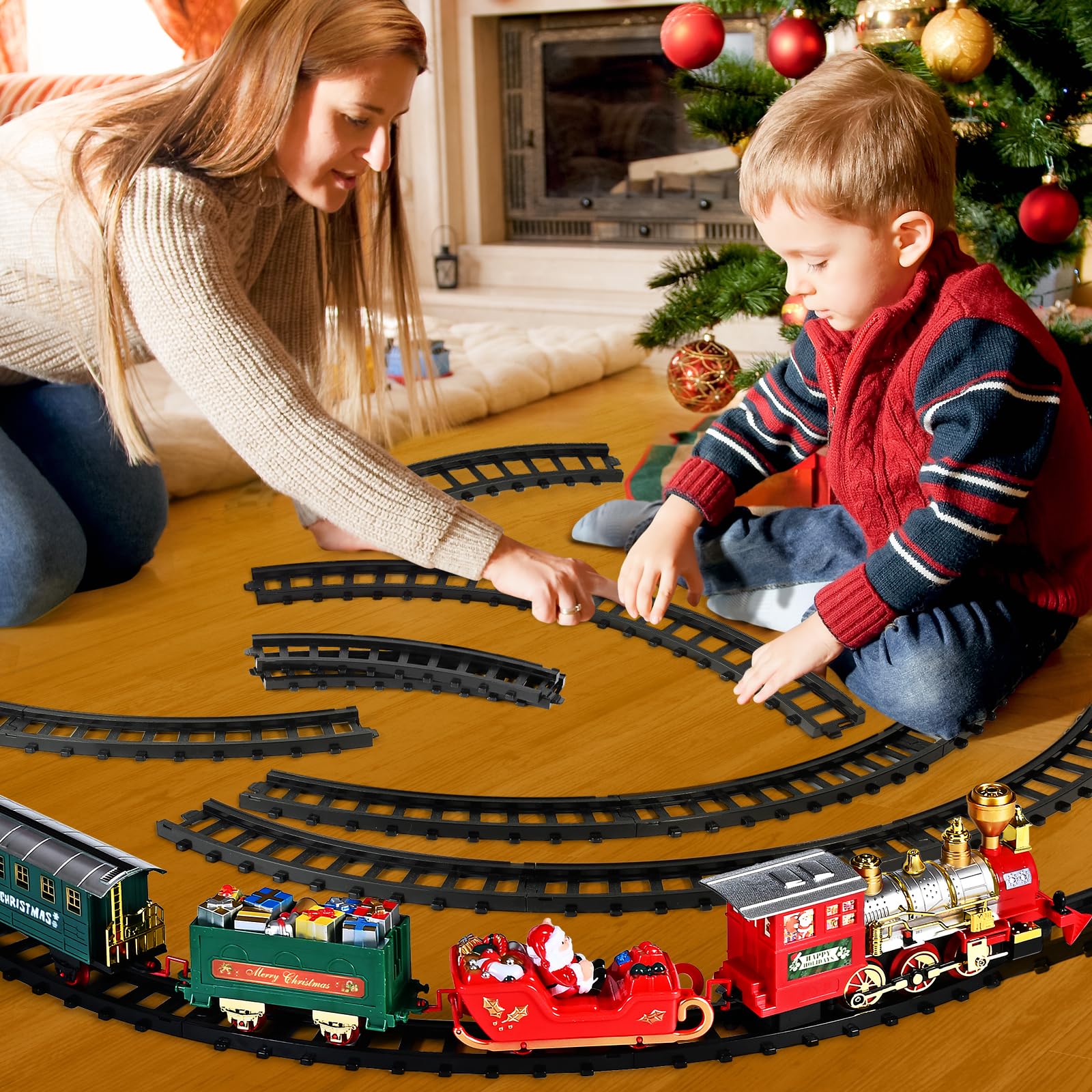 Tren Eléctrico De Navidad De Herenear Para Decorar El árbol – Set Con Locomotora Y 3 Vagones (Papá Noel, Pasajeros Y Regalos), Circuito De Pistas, Sonido Realista, Ideal Para Niños De 3 A 8 Años