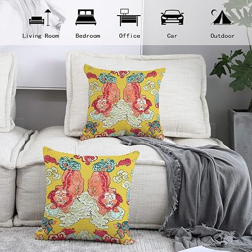 Miniatura 6 de eshabear 2 fundas de almohada de cintura con patrón de danza de león amarillo chino, cojín de porcelana azul y blanca, funda decorativa de 18 x 18