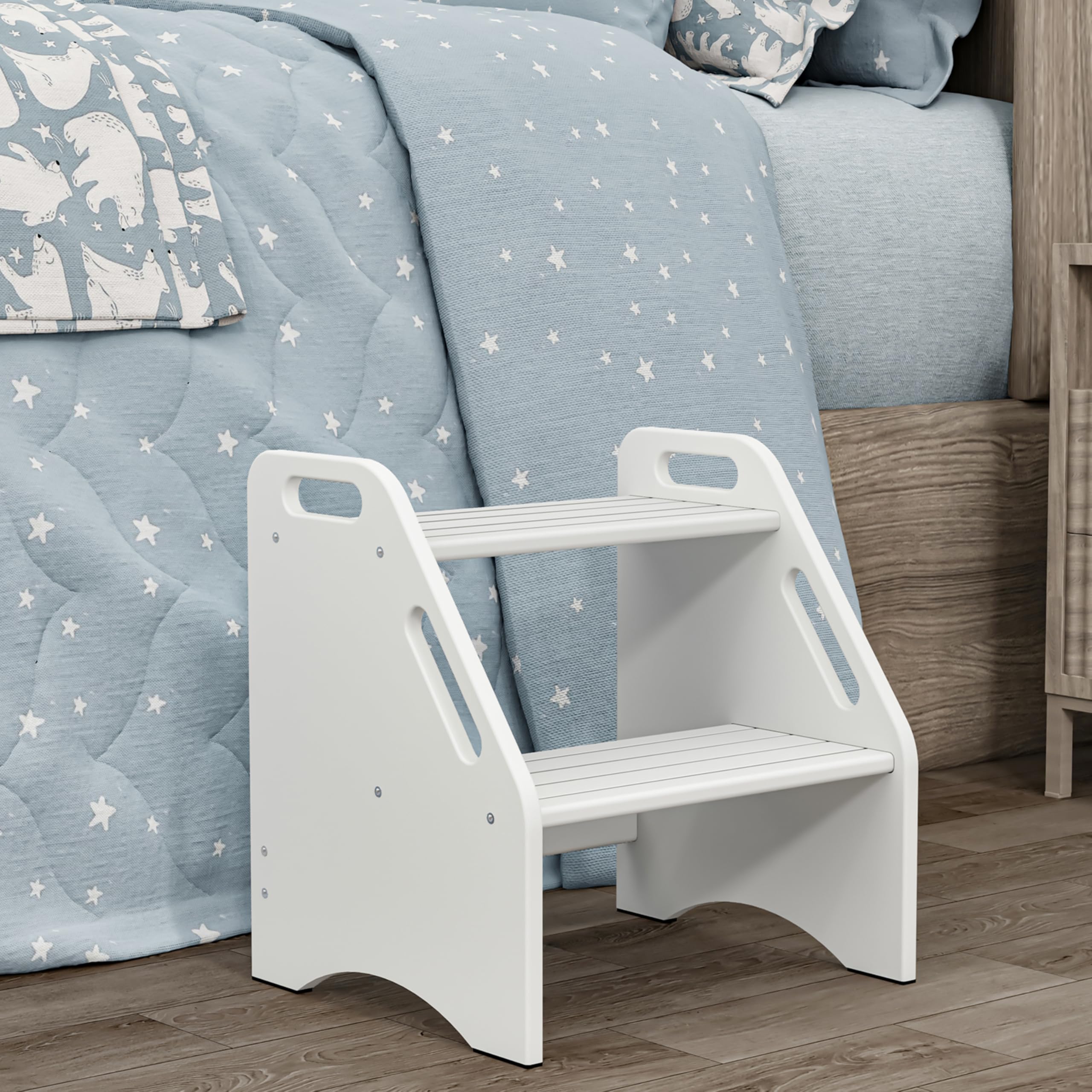 AMBIRD Wooden Step Stool, 15.75'' H 300 lbs Capacity with Safety Non-Slip Pads and Handles, Kitchen Step Stools, Bamboo Step Stool for Bathroom, High Beds (White)