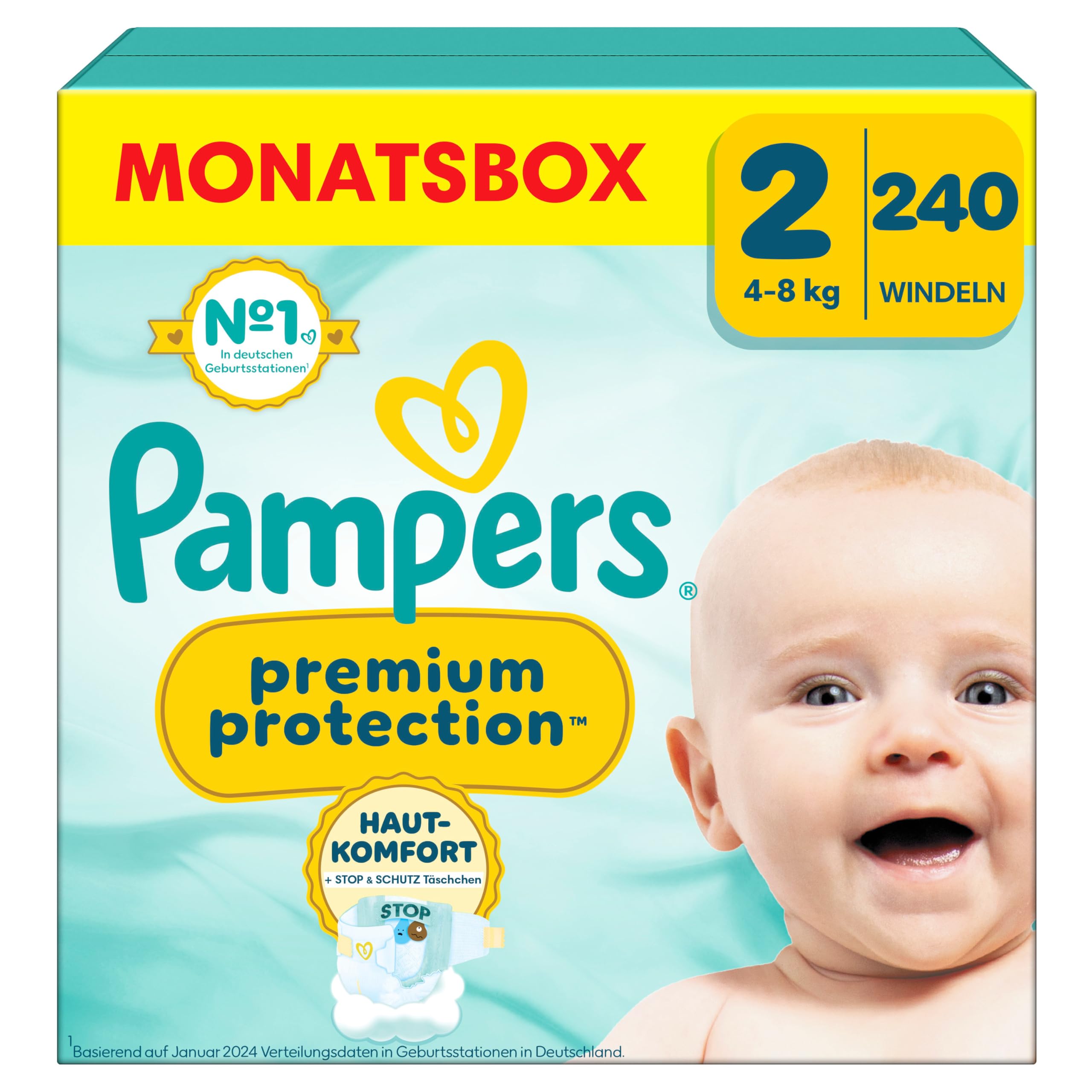 Pampers Pannolini per bambini, taglia 2 (4-8 kg), protezione premium, mini, confezione da 240 pezzi