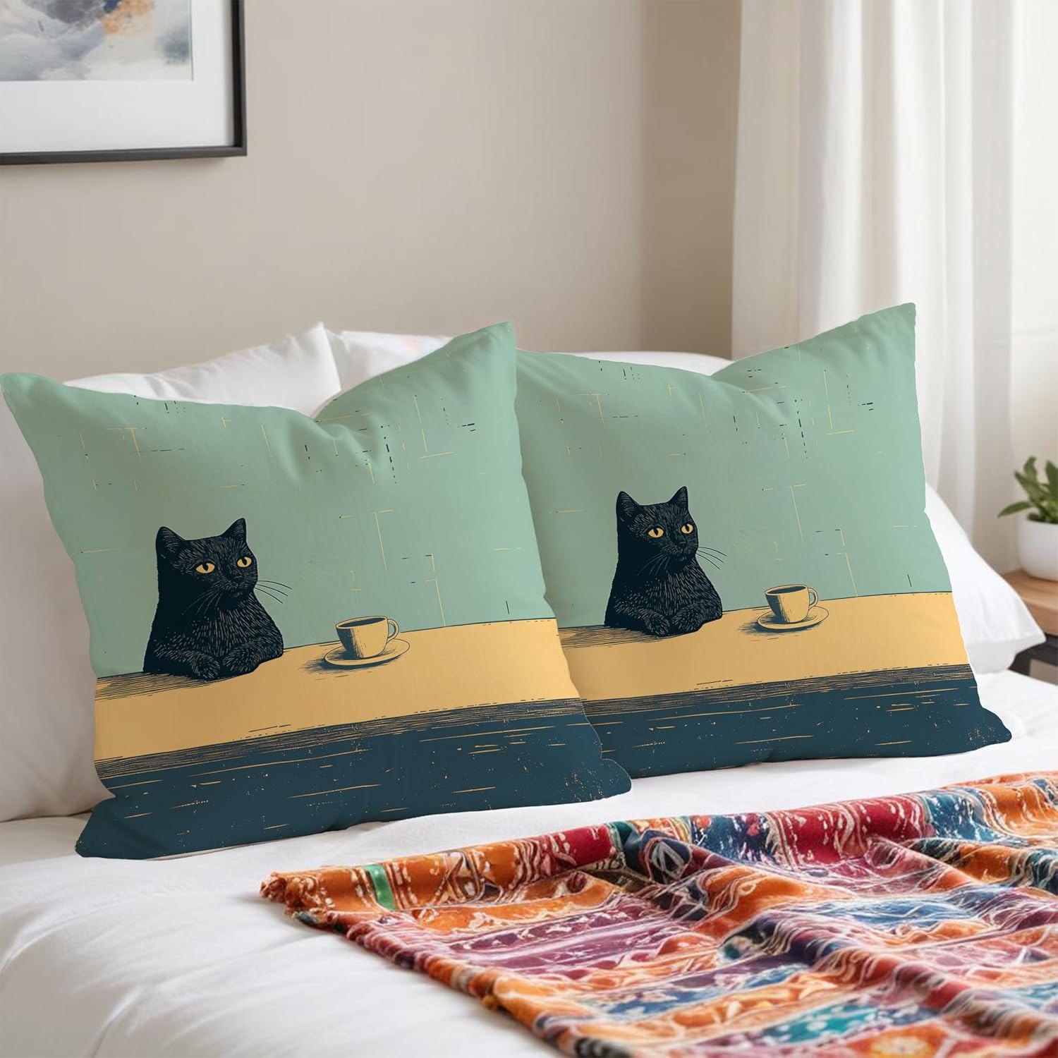 Black Cat Throw Pillow Covers 18x18, Aesthetic Black Cat Art Painting Decor Pillow Covers, Vintage Cats Drinking Coffee Decor for Room Bedroom image 3
