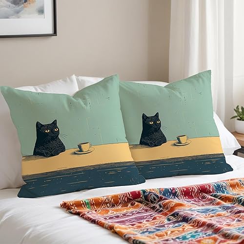 Miniatura 3 de Fundas de almohada de gato negro de 18 x 18 pulgadas, fundas de almohada estéticas de decoración de pintura de gato negro, decoración de gatos