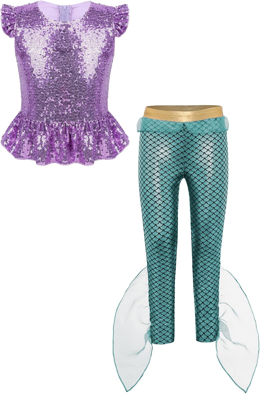 Little Big Girls Sequin Peplum Top and Scale Leggings Two Piece Mermaid Dance Suits Lavender and Mint Green 16 Years