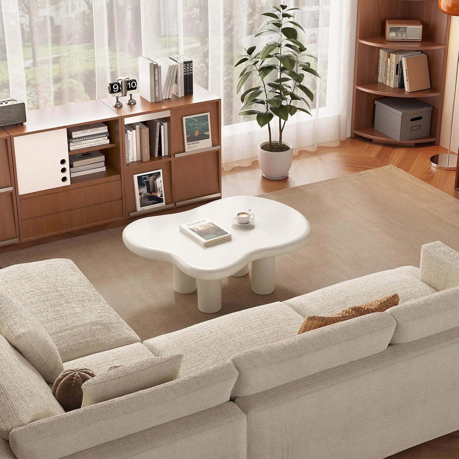 Guyii 35.43" Cloud Coffee Table, Cream White Coffee Table for Living Room, Cartoon Irregular Indoor Tea Table, Modern End Table with 4 Legs 35.43 Inch White