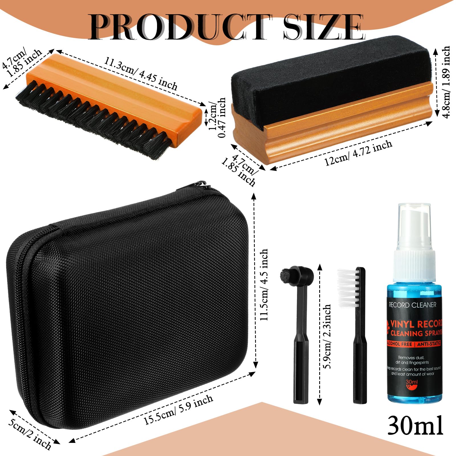 Ziliny Kit de limpieza de discos de vinilo de 6 piezas, incluye cepillo de microfibra de nailon, líquido limpiador y caja de almacenamiento, kit de cepillo de limpieza de discos de vinilo, regalo para