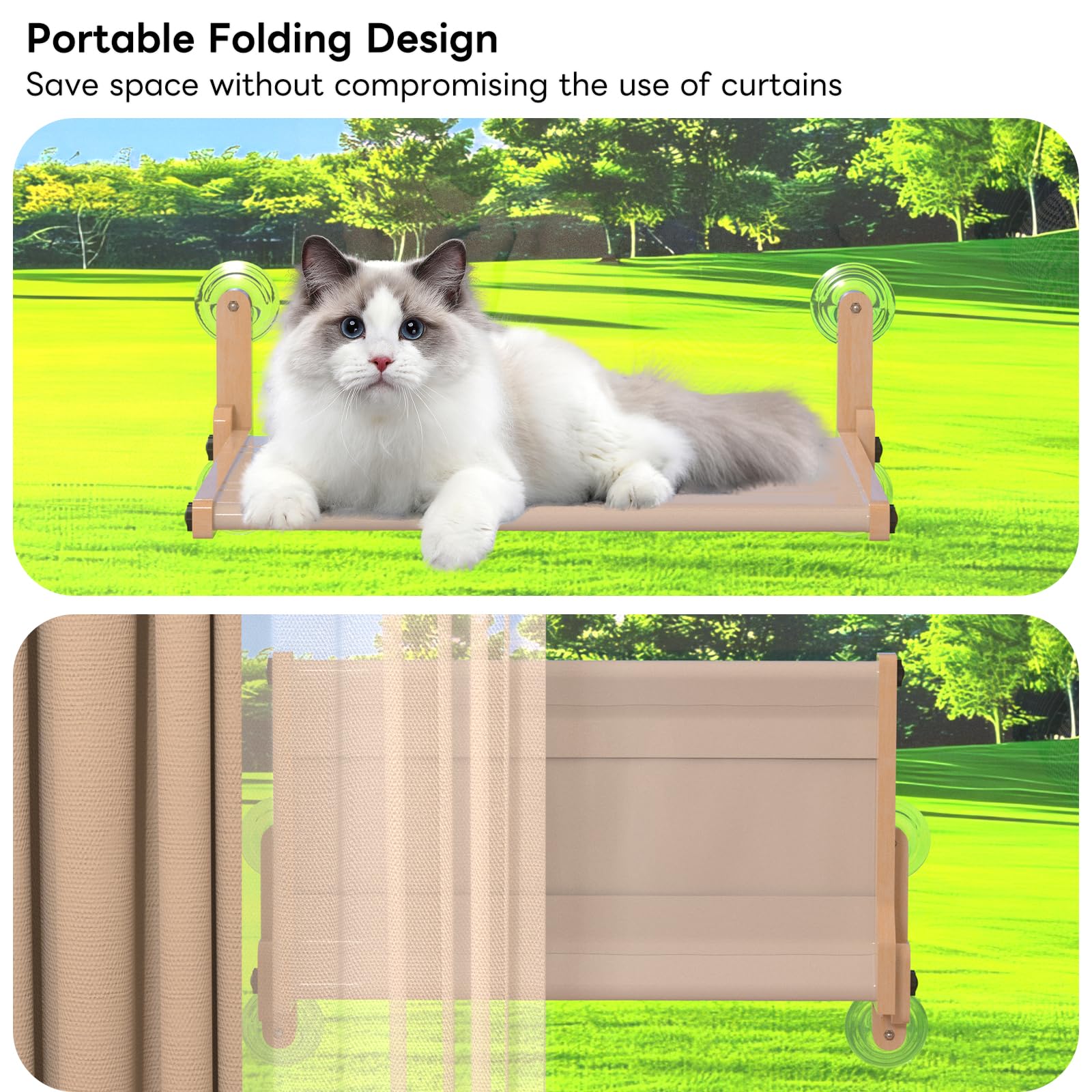 Foldable Cat Window Bed, Solidwood Cat Window Perch with Suction Cups, Heavy Duty Cordless Hammock Seat for Indoor Cats (Large Size) - image 5