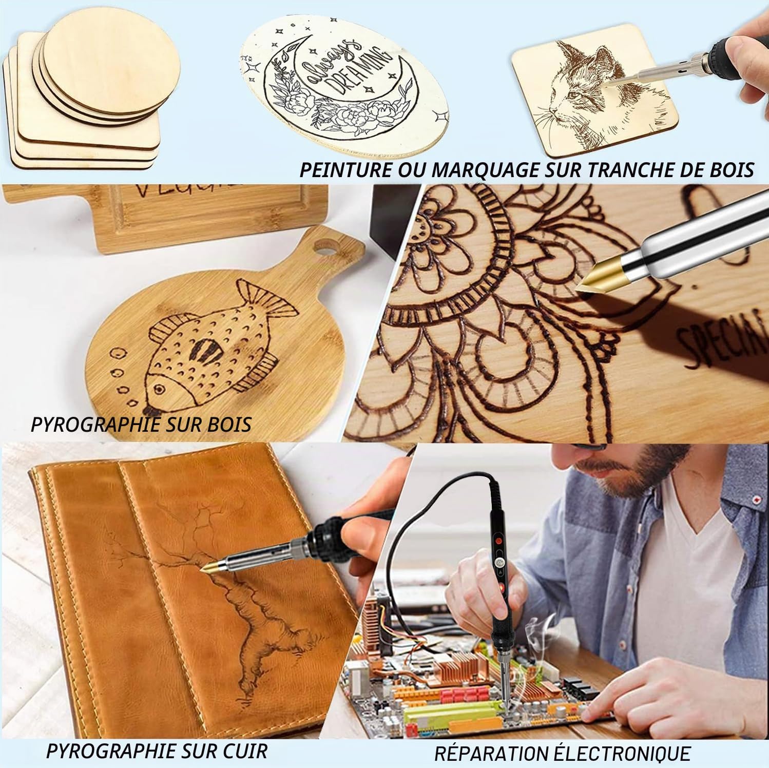 Kit de fer à souder pour pyrogravure - 60 W - Température réglable 200-450 °C - Piston à combustion pour bois et cuir - Gravure DIY - Soudure - Sculpture de pyrogravure sur bois.