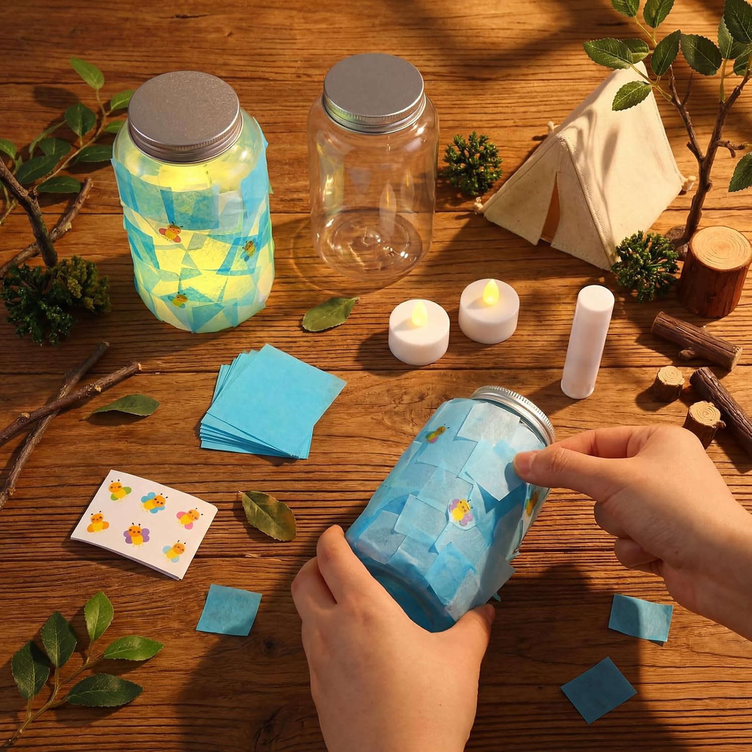 Qinyoung 6 Pcs Firefly Mason Jars Firefly Paper Crafts with LED Candle Light DIY Suncatchers Decoration Make Your Own Camping VBS Mason Jars Supplies for Sunday School Projects Activity