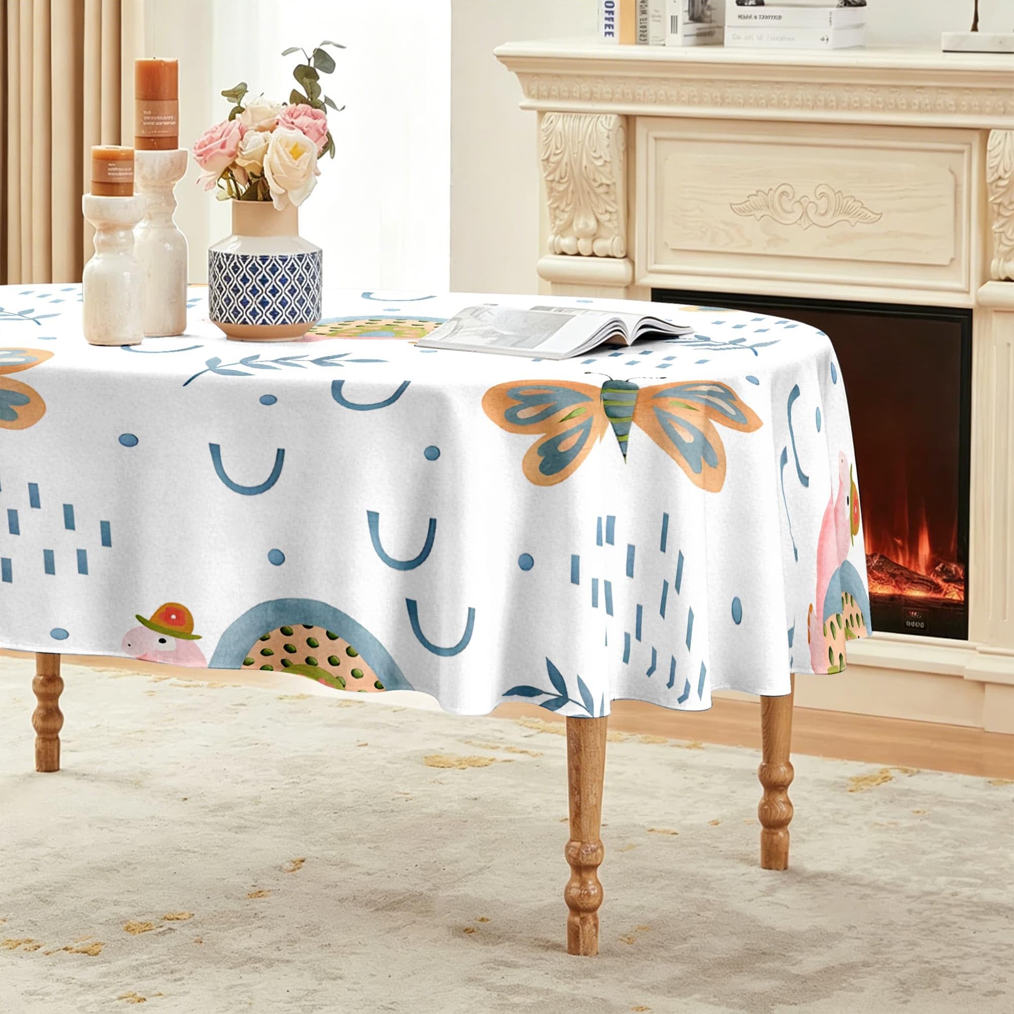 Tischdecke Oval 240x140 cm Wasserabweisend mit Cartoon Schildkröte Motiv | Schmetterling Tischtuch aus Polyester mit Lotuseffekt, Blumenmuster Tischwäsche für Esszimmer, Küche und Garten