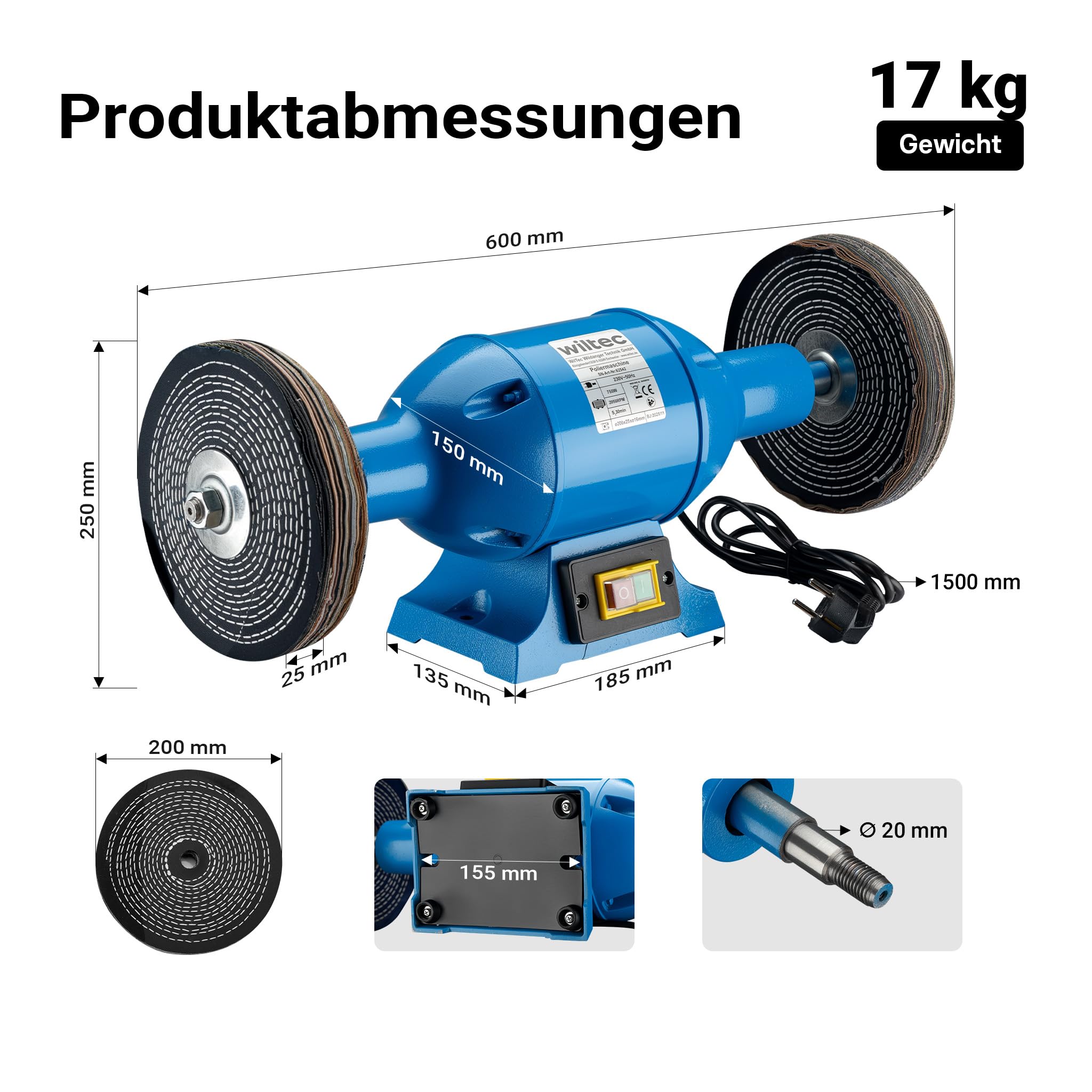 Lucidatrice 750W 2 dischi di lucidatura Ø 200mm Smerigliatrice doppia Struttura e supporto robusti