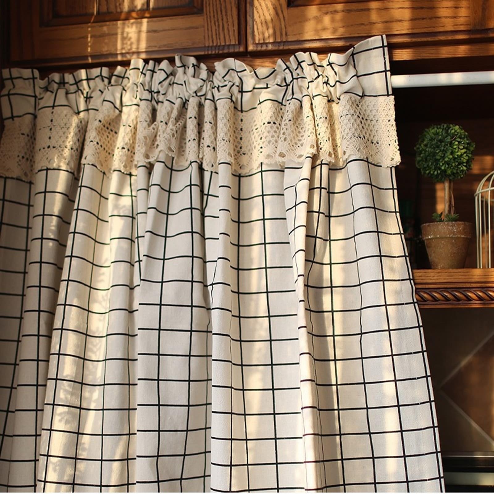 Visillo de gasa beis de 140x70 cm con encaje de rejilla vintage