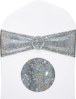 Sequin Chair Sash, Glittering Sequins Chair Bands Bows Stretch Spandex & Polyester for Party, Wedding, Birthday, Hotel, Banquet, Baby Shower Decorations (Silver Gray 50 PCS)