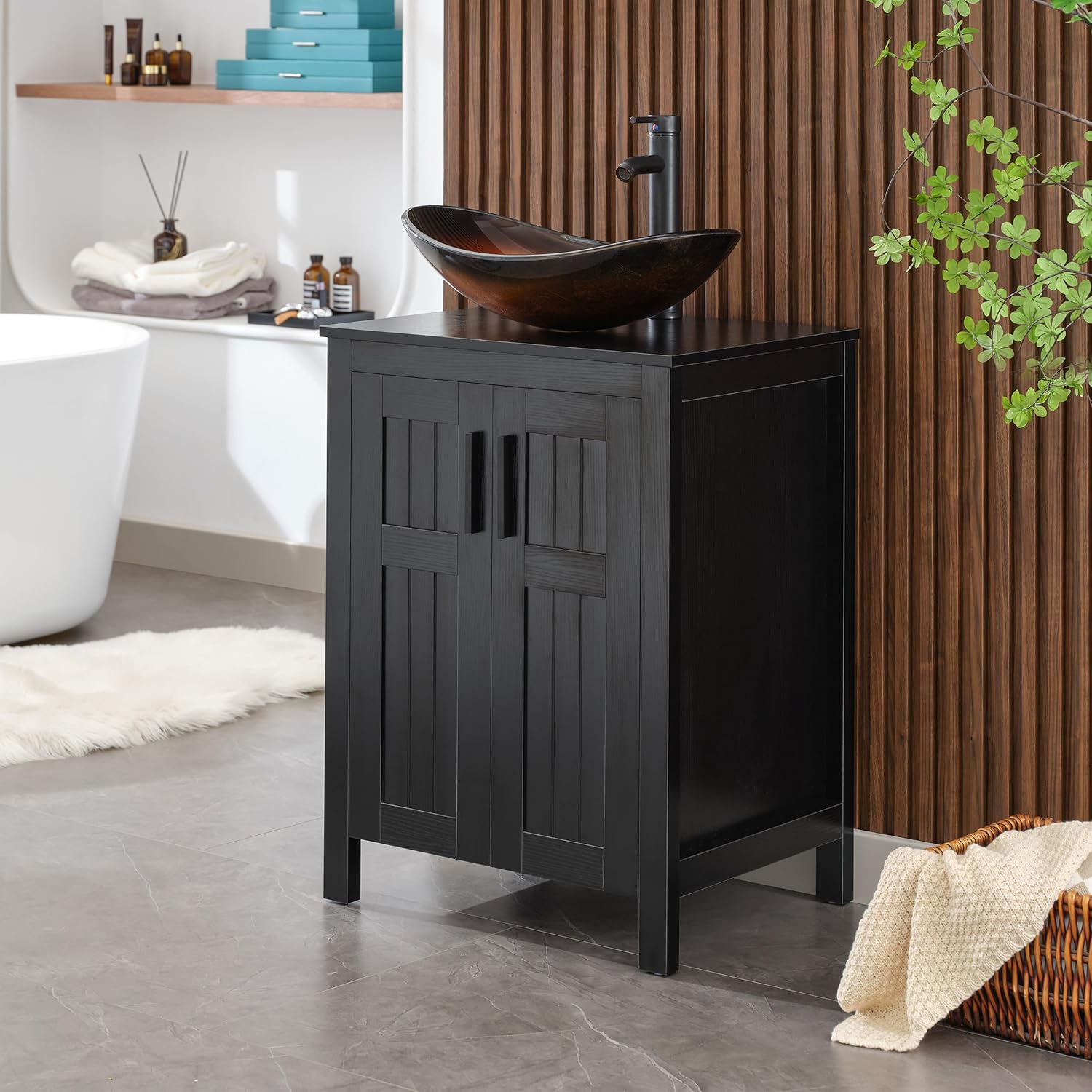 UEV Black 24" Bathroom Vanity with Sink Combo,Modern Sink Cabinet,Stylish Bathroom Vanity Cabinet,Fluted Double Doors,Metal Handles,Modern Brown Boat Tempered Glass Vessel Sink (029BR-NEW)