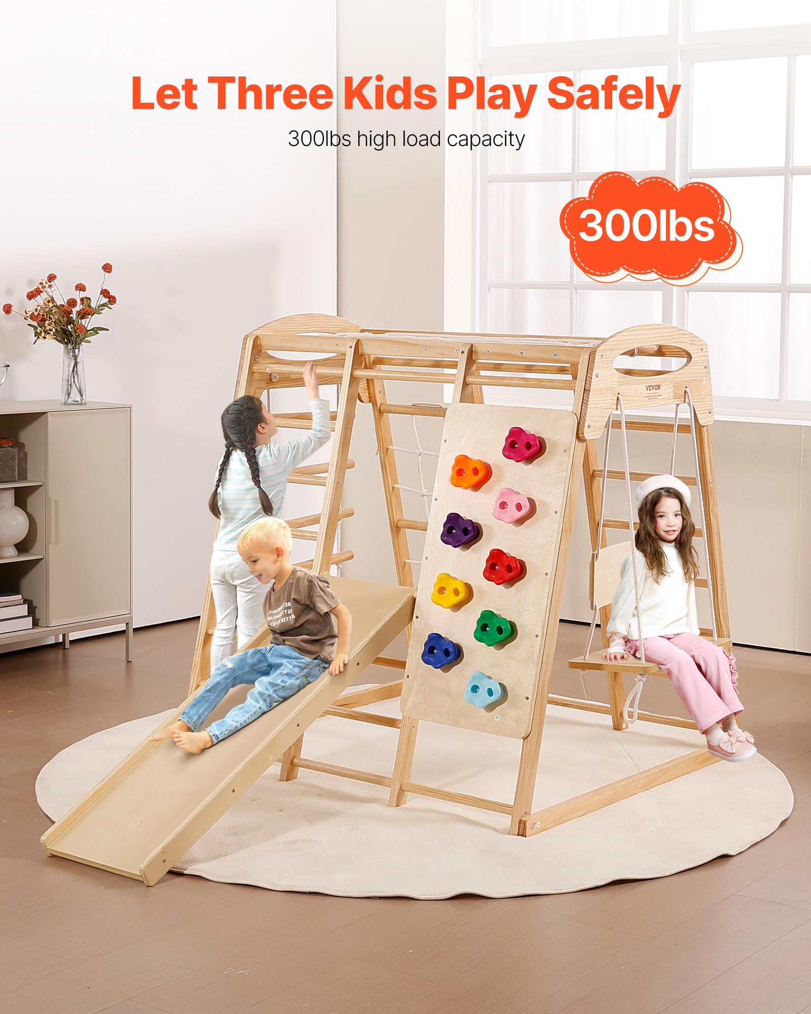 VEVOR Indoor Klettergerüst, 7-in-1 Multifunktional Spielplatz, mit Holz- & Seilleiter, Netzleiter, Schaukel, Kletterstange, Rutsche, Kletterwand, Kletterspielzeug für Kinder im Alter von 2-6 Jahren