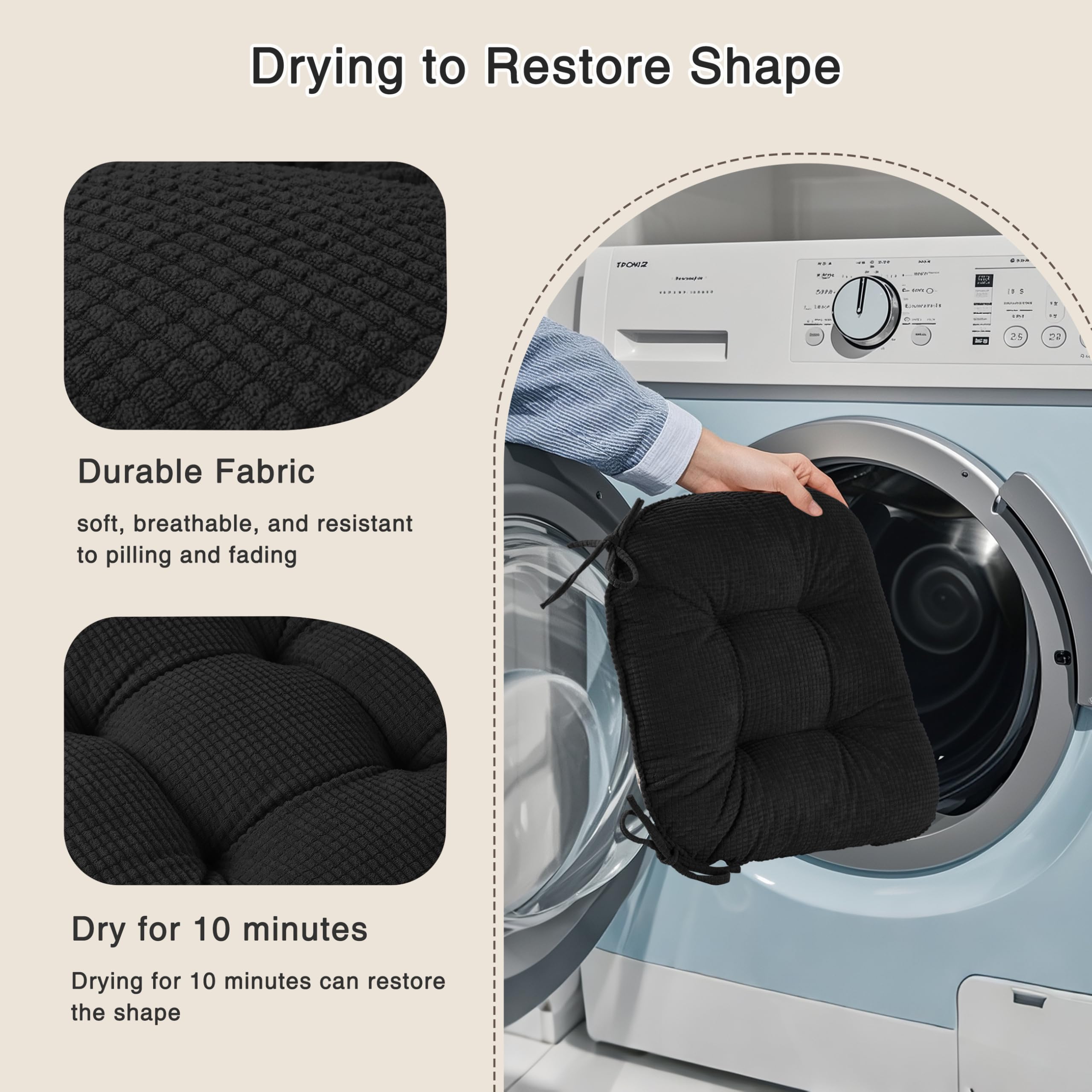 OVOV Chair Cushions for Dining Chairs Set of 1 Non-Slip Kitchen Seat Cushions 18" x 18" x 4" / 46cm x 46cm x 10cm Indoor Seat Pads with Ties Black - Image 4