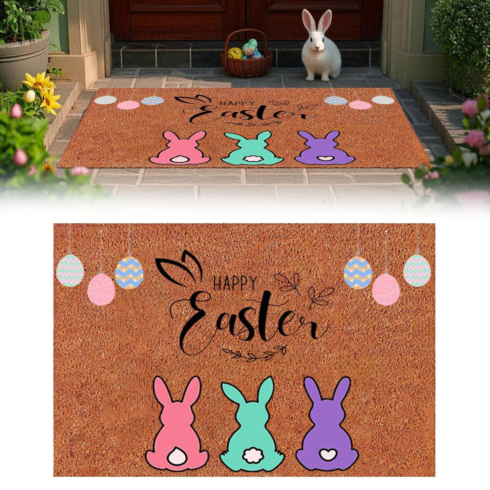 Zerbino Pasquale A Forma Di Coniglietto Con Scritta Hoppy Easter - Tappeto Decorativo Antiscivolo 80x57 Cm Per Ingresso, Cucina E Balcone