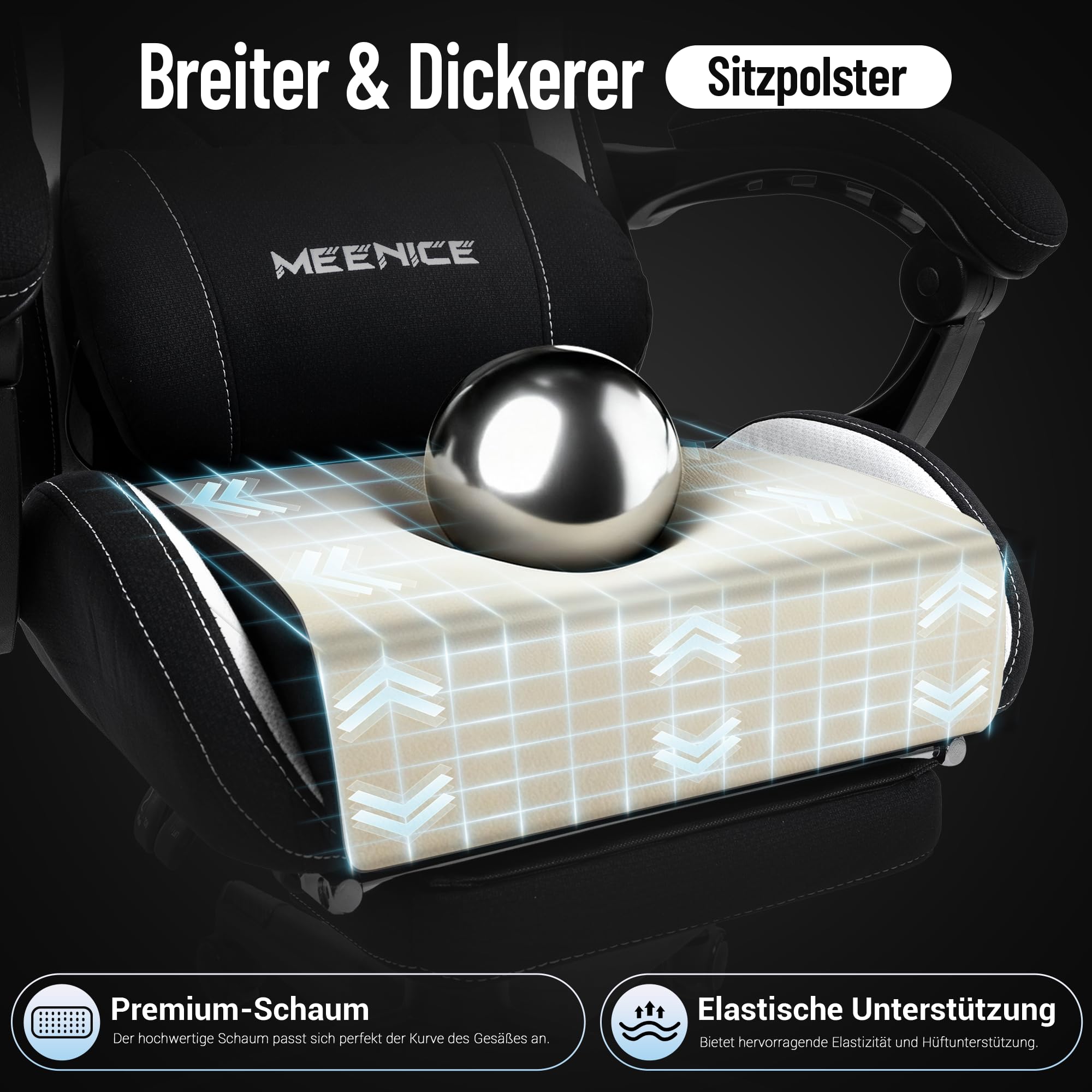 Gaming Stuhl Stoff Big and Tall mit Taschenfederkern, Ergonomischer Gaming Chiair Belastbar bis 160kg, Großer Gaming Sessel mit Fußstütze & Lendenkissen, Gamer Stuhl für Erwachsene Schwarz