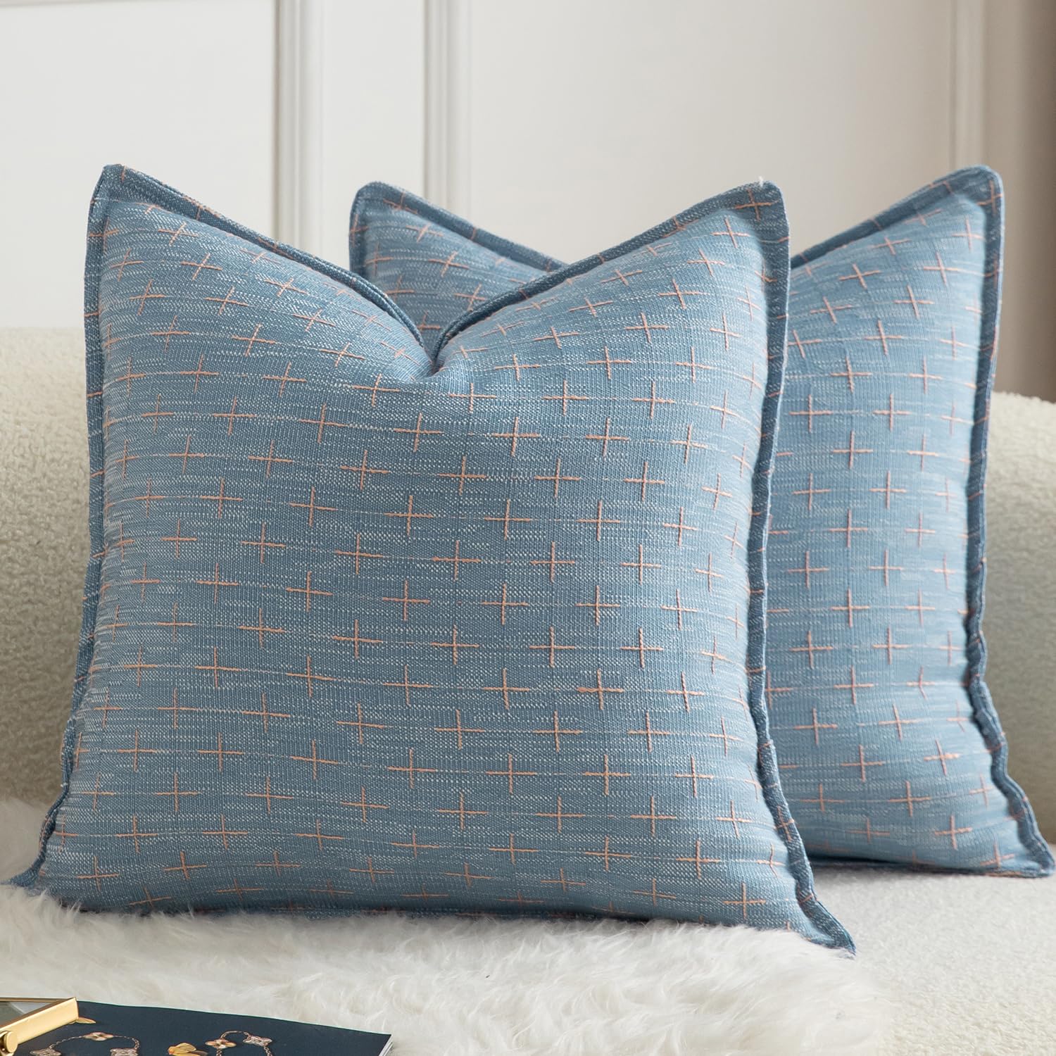 Mandioo Pack of 2 Burlap Linen Cushion Covers Woven Textured Modern Farmhouse Throw Pillow Cases Decorative Couch Sofa Bed Living Room 16 x 16 Inch 40x40 cm Blue
