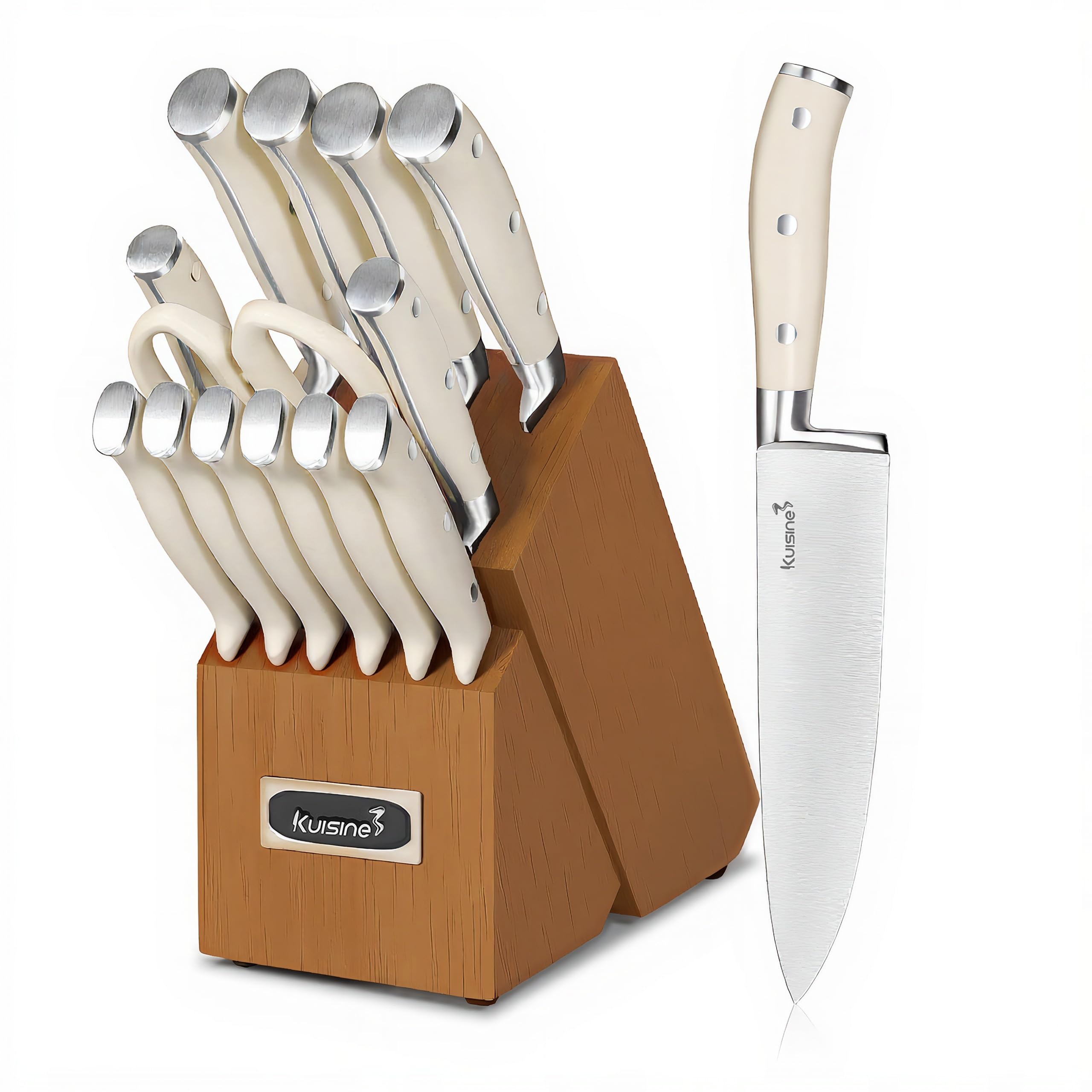 KUISINE Upgraded Sharp Chef Knife Set,High Carbon Stainless Steel Ergonomic Rivet Handle,Knife Block Set with Built-in Sharpener(Acacia Ivory Pro,15PCS) — Amazon image 11