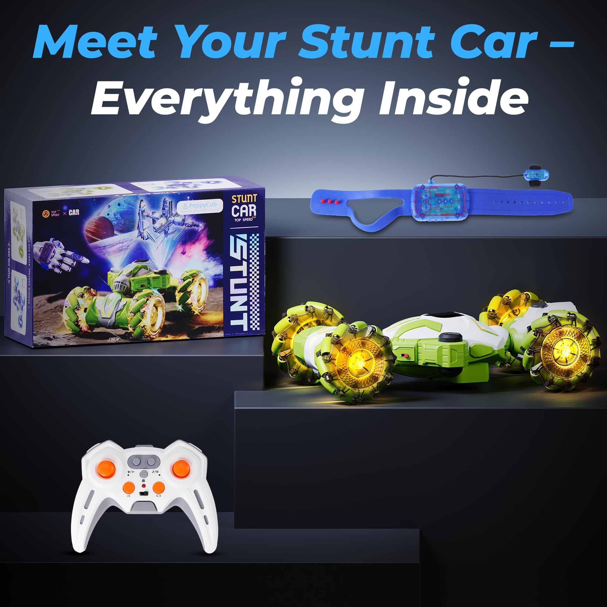 Gesture Sensing RC Stunt Car, [Magic Spray & Projection & Music] Boys Toys 6-8-12 Age, Hand Controlled Remote Control Car, Cool Birthday Presents Ideas Gifts for 6/7/8/9/10/11/12 Years Old Kids, Green