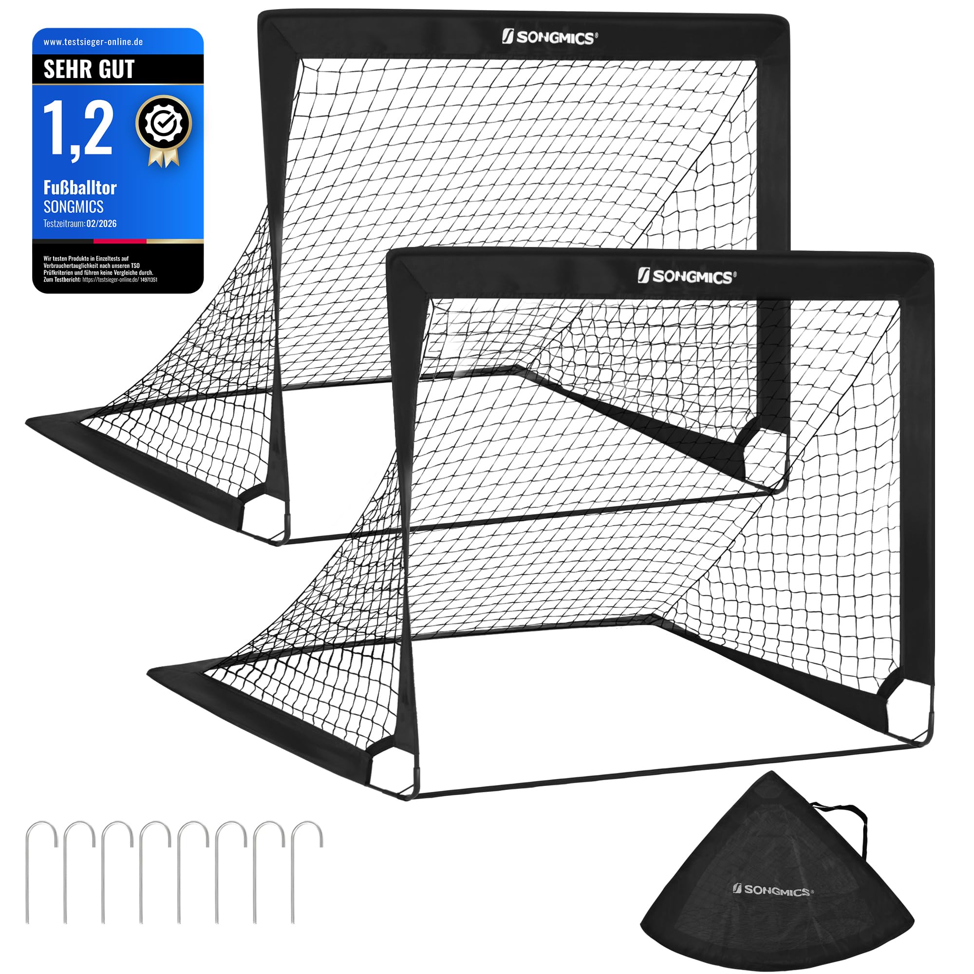 SONGMICS Fußballtore für Kinder, 2er Set, Pop-up, schneller Aufbau, Garten, Park, Strand, Gerüst aus Glasfaserstäben, Oxford-Gewebe und Polyesternetz, schwarz SZQ122B02
